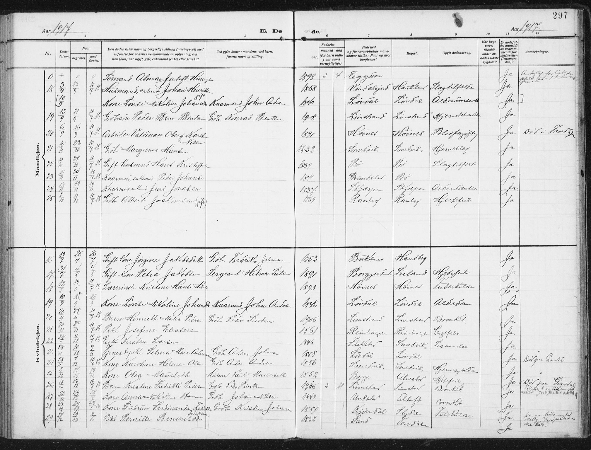 Ministerialprotokoller, klokkerbøker og fødselsregistre - Nordland, SAT/A-1459/880/L1135: Parish register (official) no. 880A09, 1908-1919, p. 297