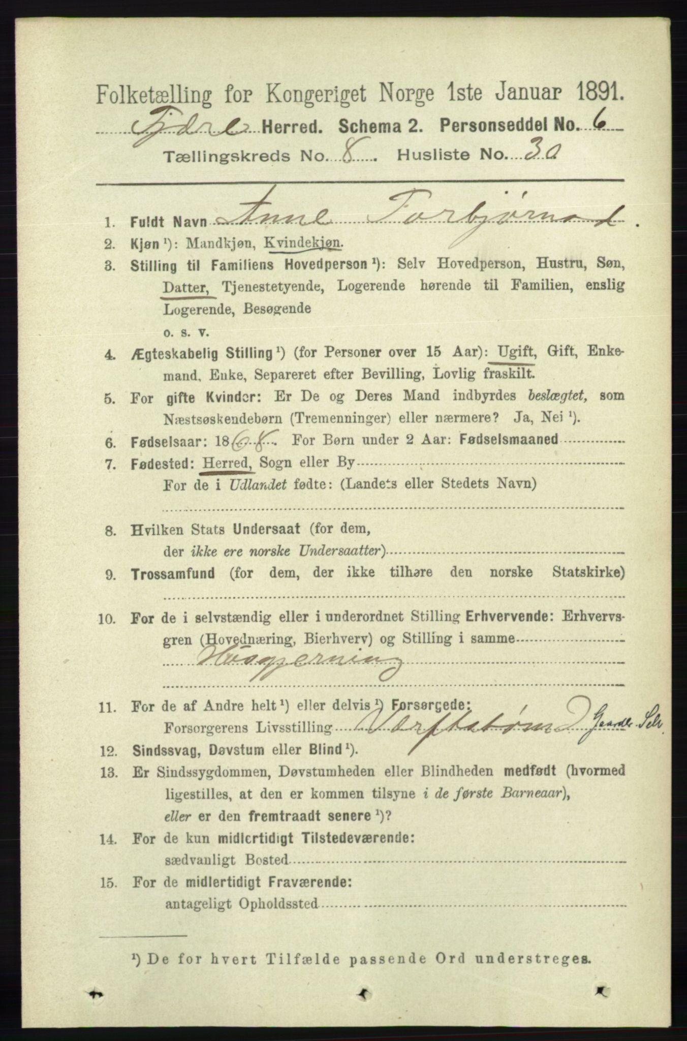 RA, 1891 census for 0923 Fjære, 1891, p. 3908