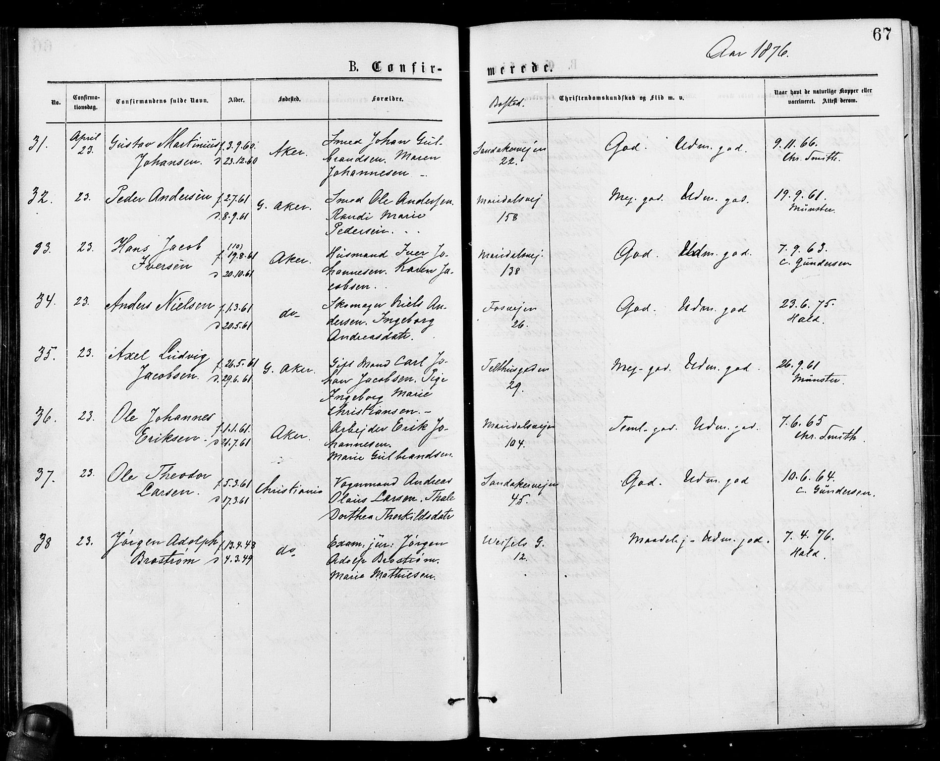 Gamle Aker prestekontor Kirkebøker, AV/SAO-A-10617a/F/L0005: Parish register (official) no. 5, 1873-1881, p. 67