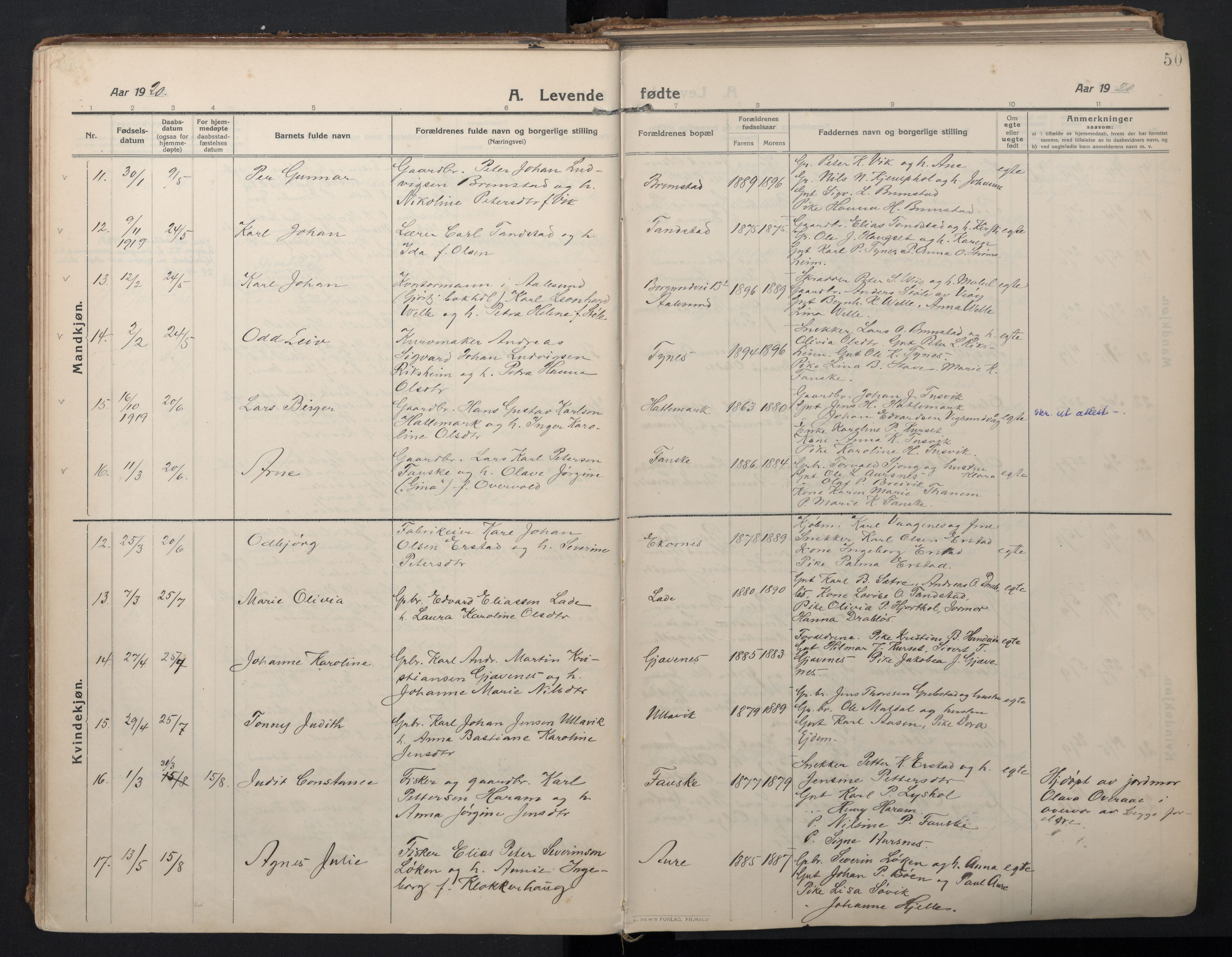 Ministerialprotokoller, klokkerbøker og fødselsregistre - Møre og Romsdal, AV/SAT-A-1454/523/L0337: Parish register (official) no. 523A04, 1911-1929, p. 50