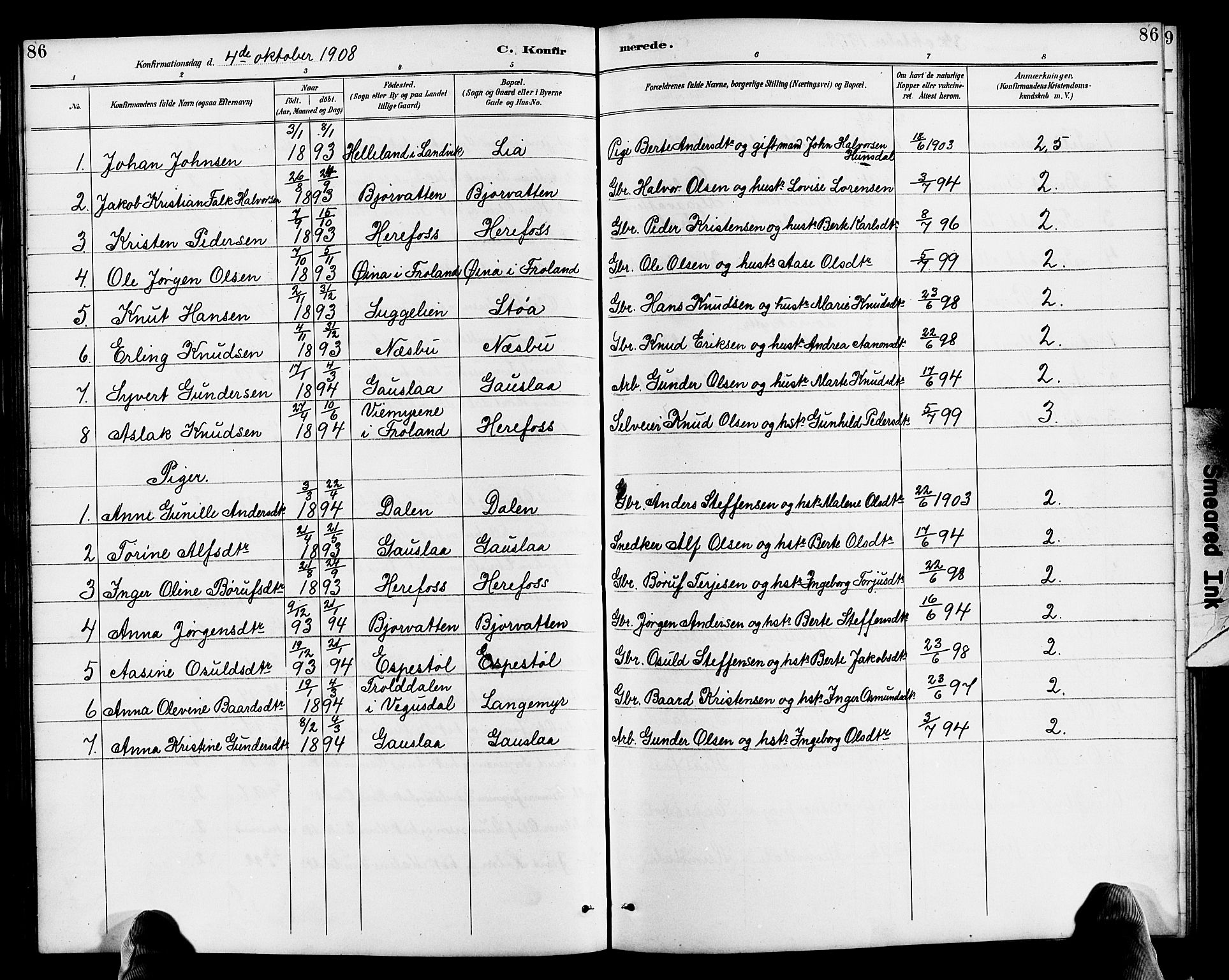 Herefoss sokneprestkontor, AV/SAK-1111-0019/F/Fb/Fba/L0003: Parish register (copy) no. B 3, 1887-1925, p. 86