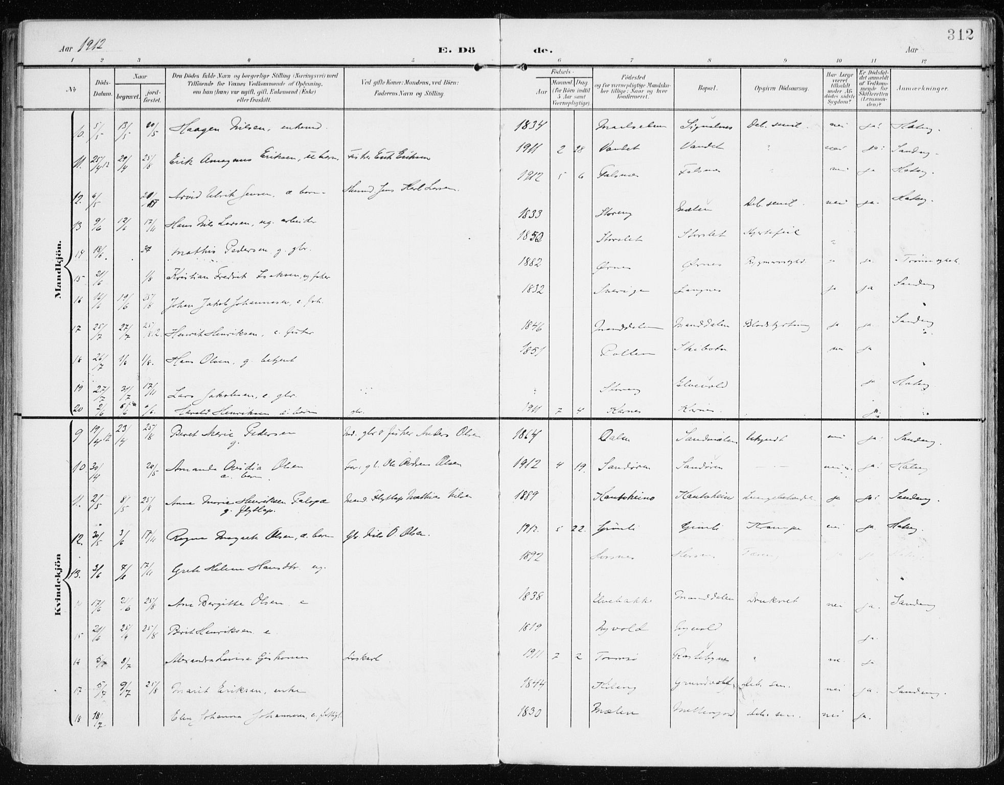 Lyngen sokneprestembete, AV/SATØ-S-1289/H/He/Hea/L0011kirke: Parish register (official) no. 11, 1903-1913, p. 312