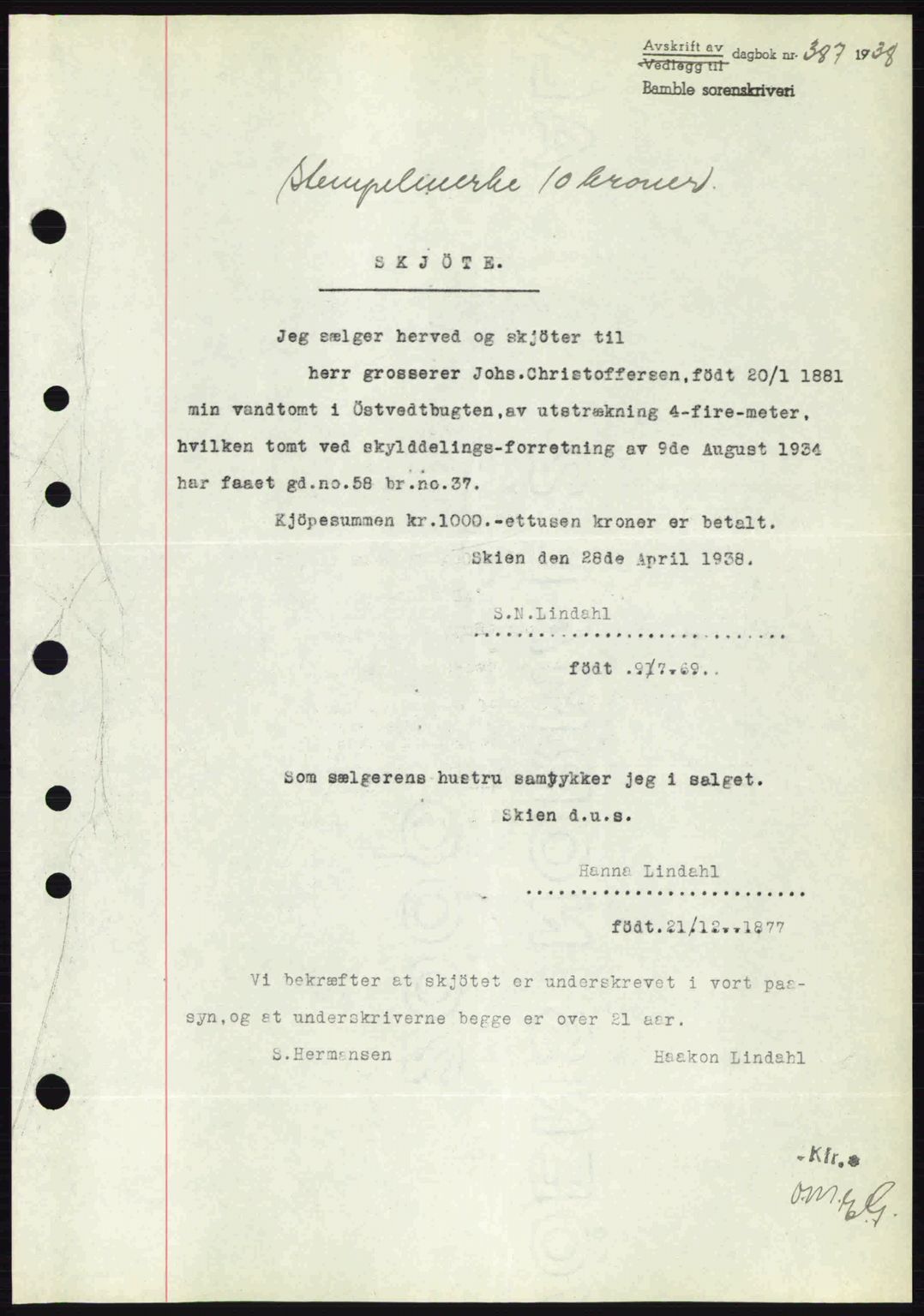 Bamble sorenskriveri, AV/SAKO-A-214/G/Ga/Gag/L0002: Mortgage book no. A-2, 1937-1938, Diary no: : 387/1938