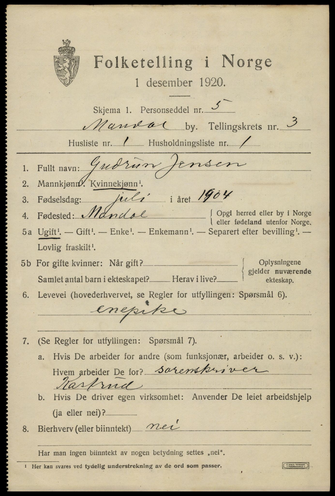 SAK, 1920 census for Mandal, 1920, p. 5437