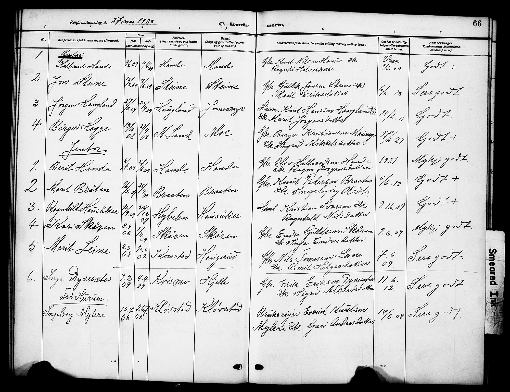 Vestre Slidre prestekontor, SAH/PREST-136/H/Ha/Hab/L0007: Parish register (copy) no. 7, 1909-1930, p. 66