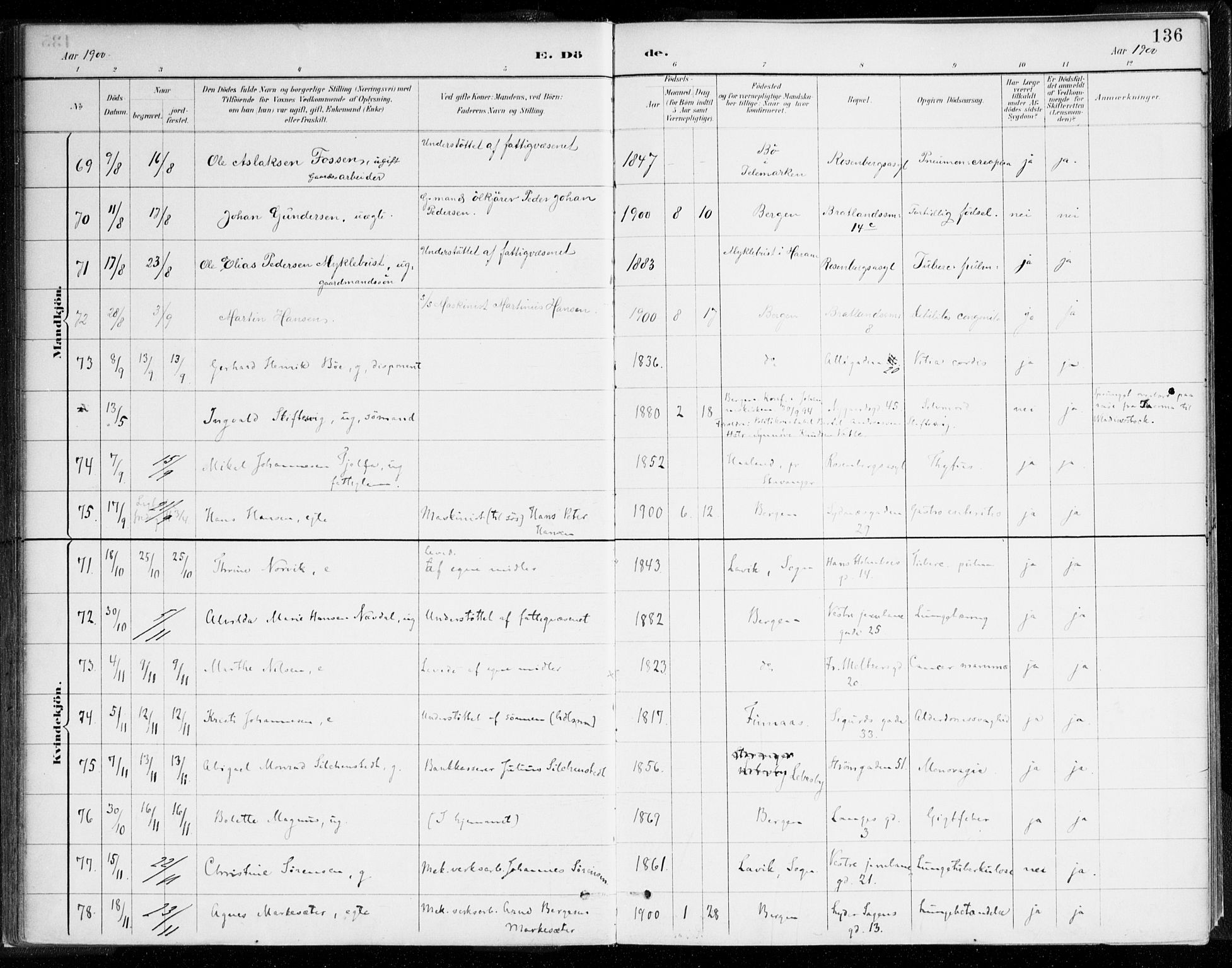 Johanneskirken sokneprestembete, AV/SAB-A-76001/H/Haa/L0019: Parish register (official) no. E 1, 1885-1915, p. 136