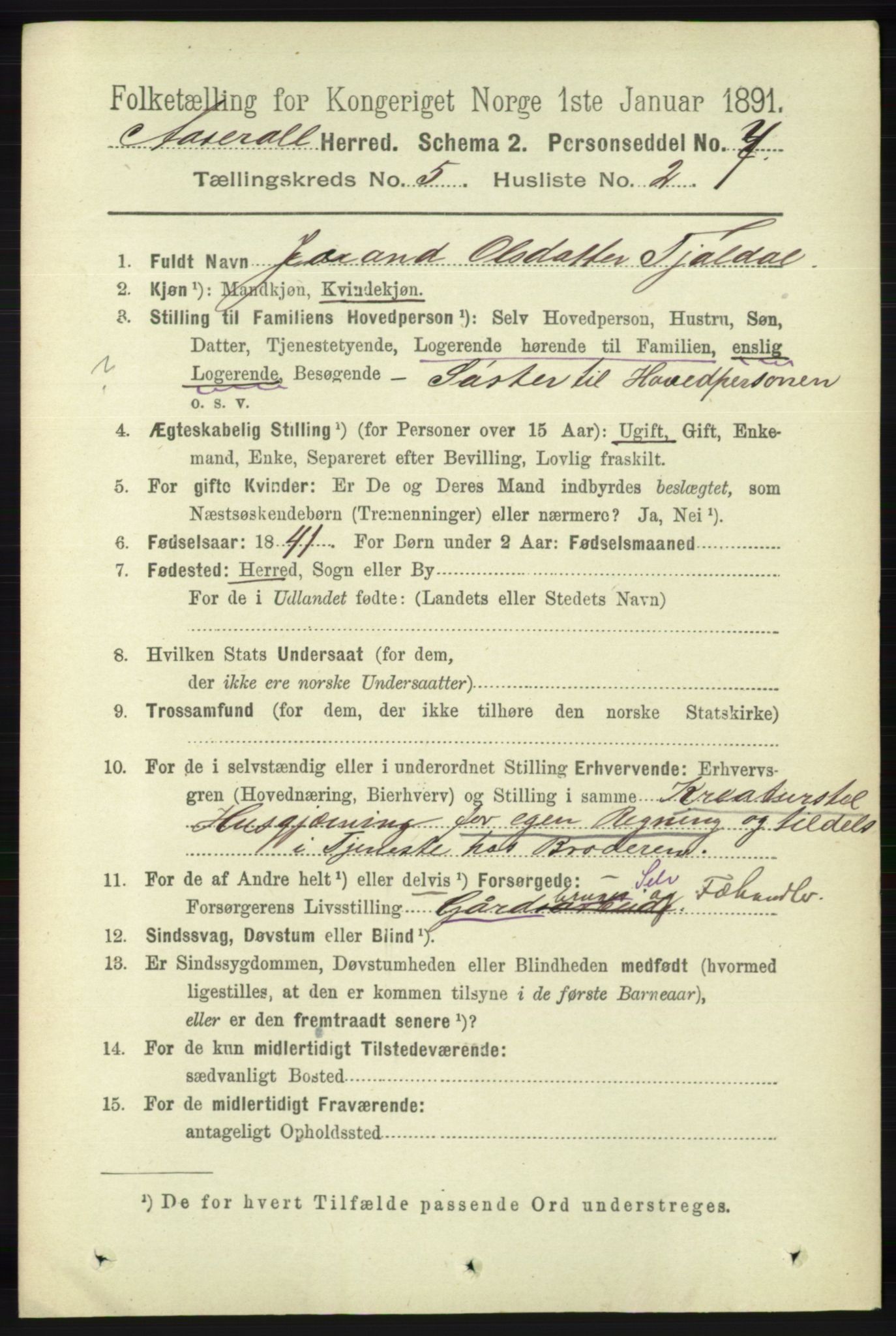 RA, 1891 census for 1026 Åseral, 1891, p. 1462