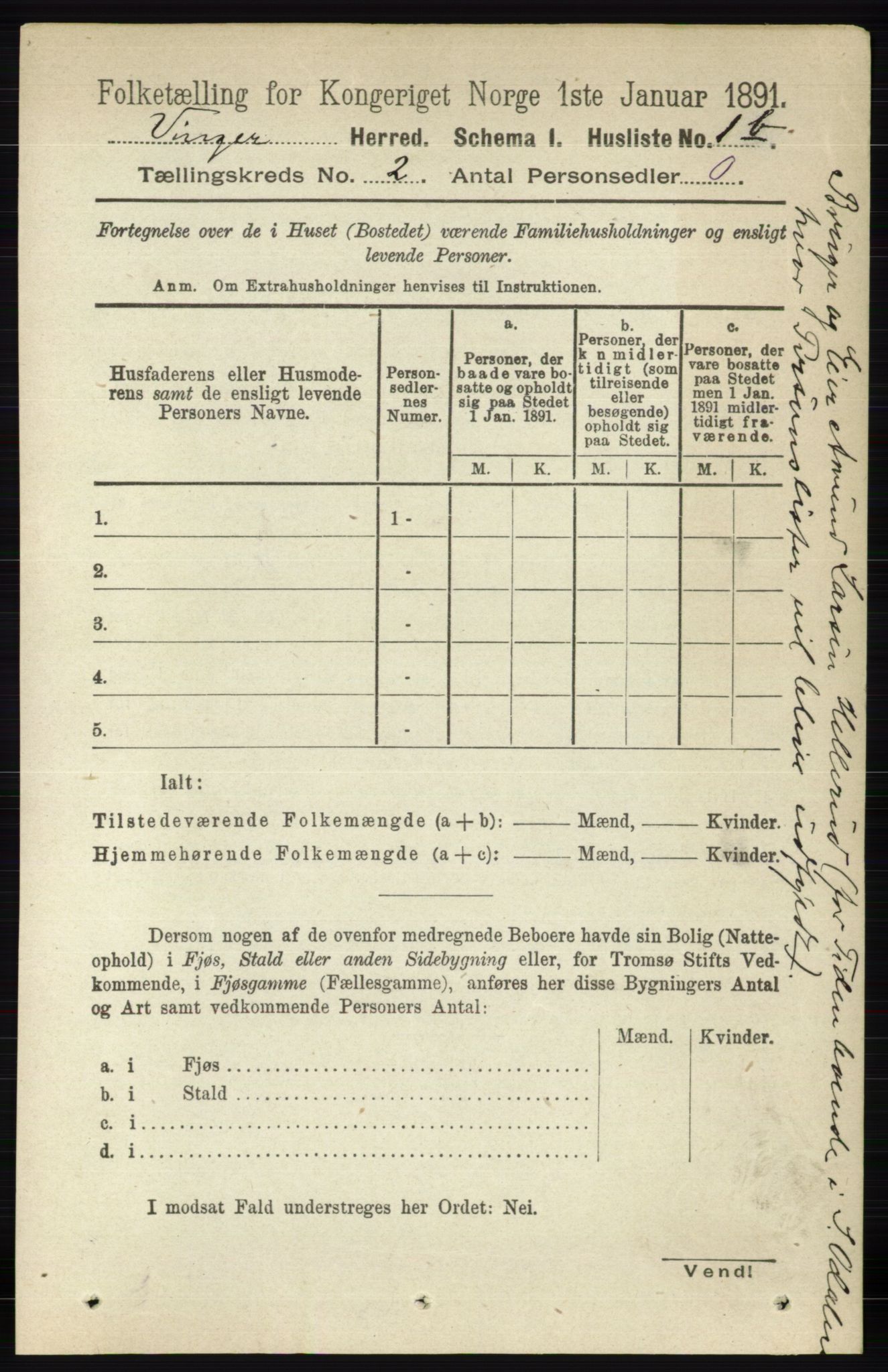 RA, 1891 census for 0421 Vinger, 1891, p. 398