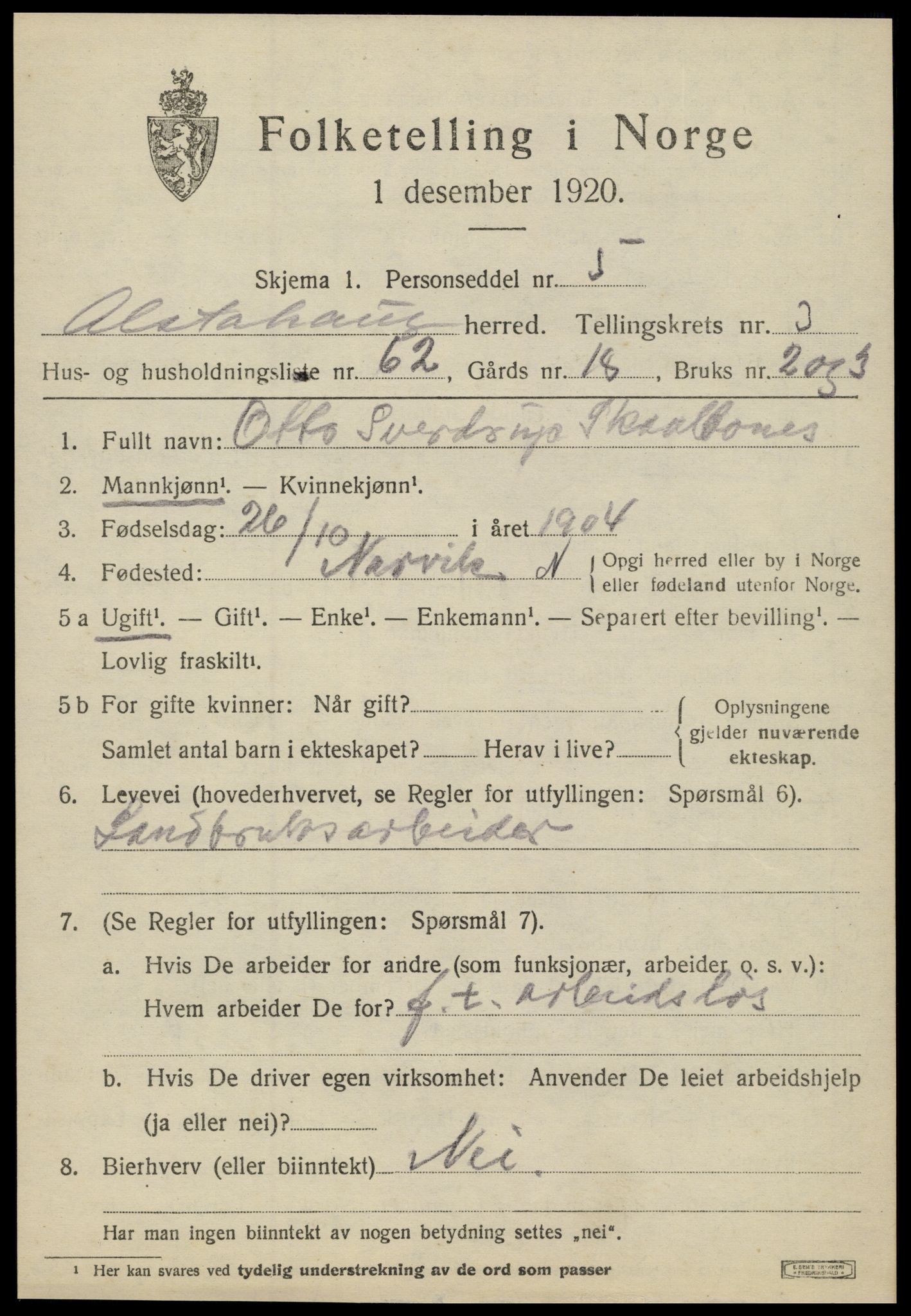 SAT, 1920 census for Alstahaug, 1920, p. 1893