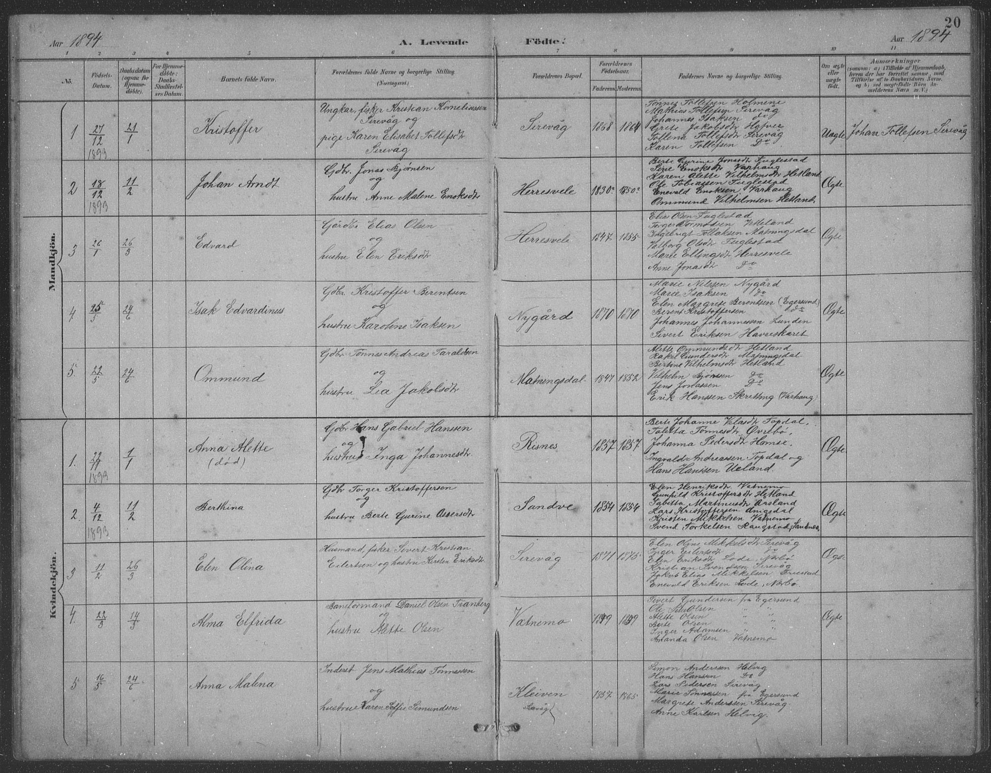Eigersund sokneprestkontor, SAST/A-101807/S09: Parish register (copy) no. B 21, 1890-1915, p. 20