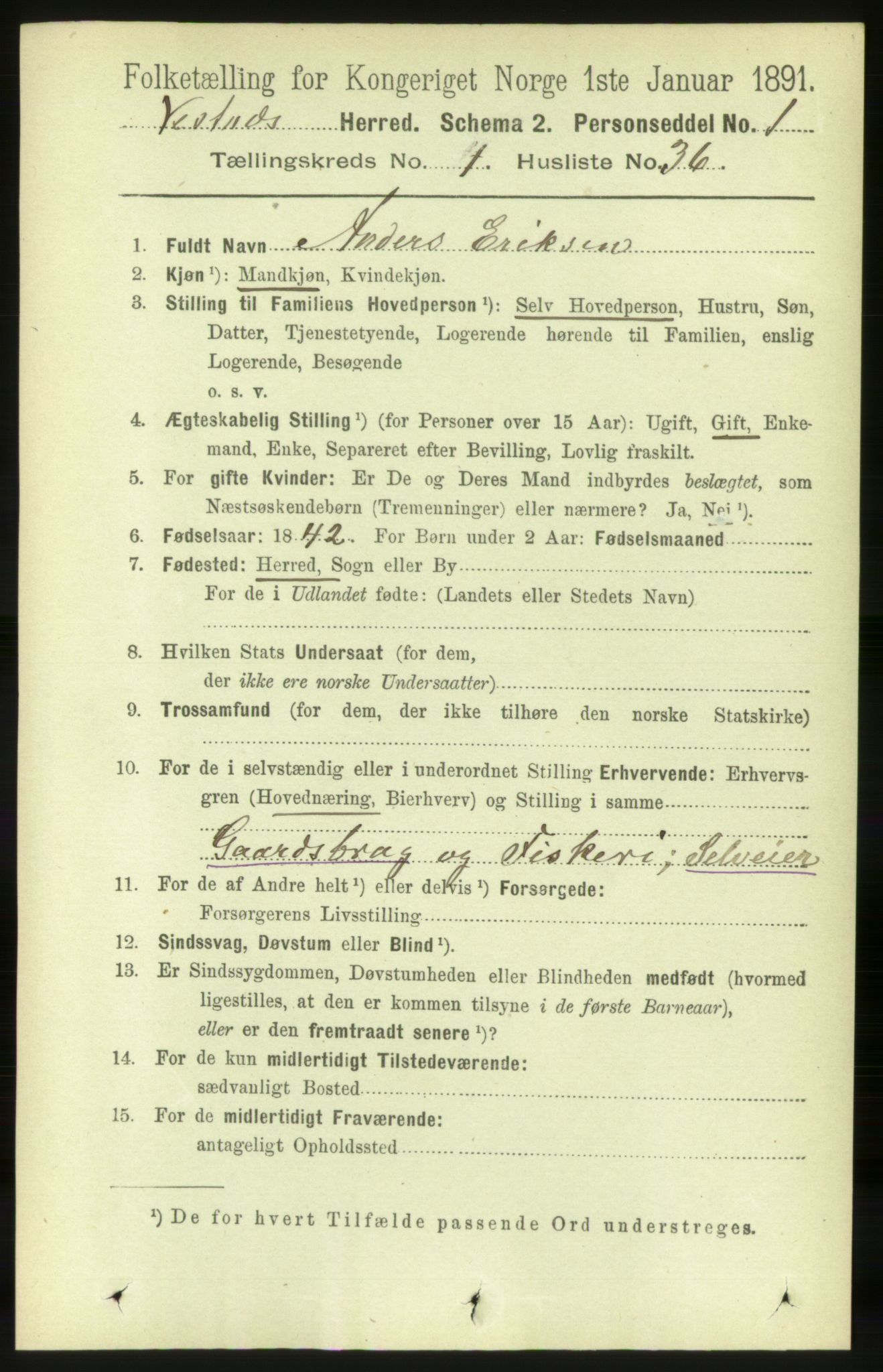 RA, 1891 census for 1535 Vestnes, 1891, p. 298