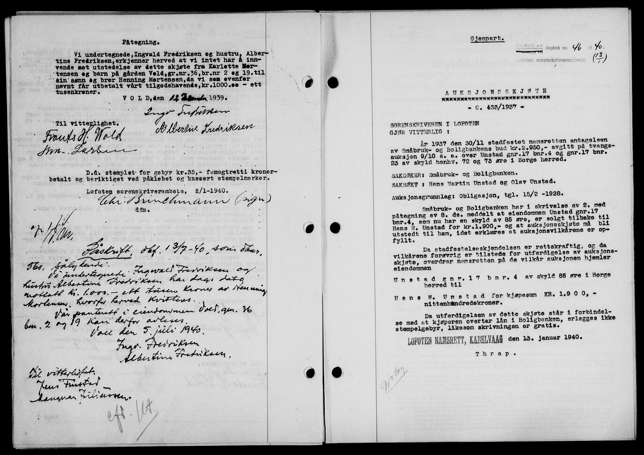 Lofoten sorenskriveri, SAT/A-0017/1/2/2C/L0007a: Mortgage book no. 7a, 1939-1940, Diary no: : 46/1940
