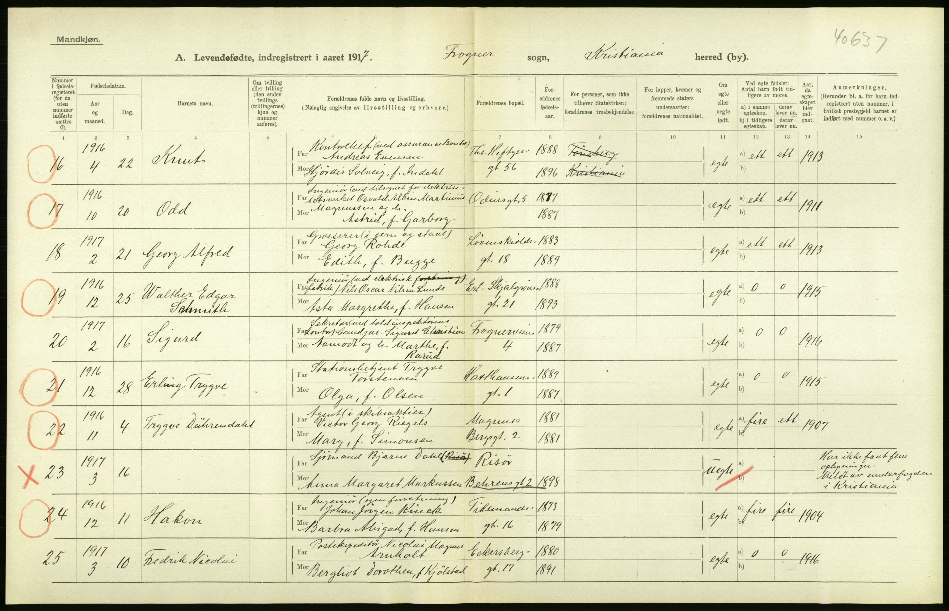 Statistisk sentralbyrå, Sosiodemografiske emner, Befolkning, AV/RA-S-2228/D/Df/Dfb/Dfbg/L0007: Kristiania: Levendefødte menn og kvinner., 1917, p. 228