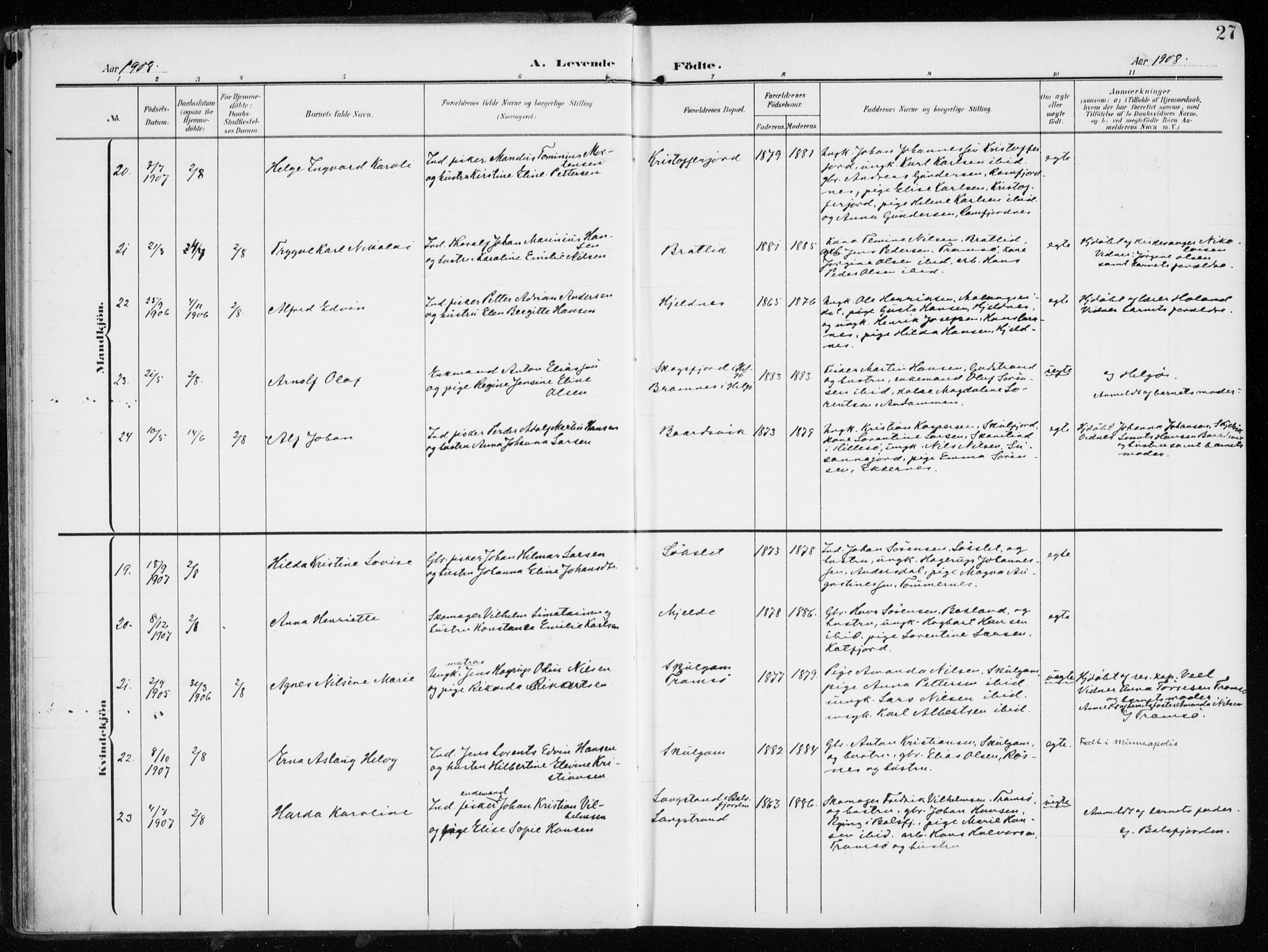 Tromsøysund sokneprestkontor, SATØ/S-1304/G/Ga/L0007kirke: Parish register (official) no. 7, 1907-1914, p. 27