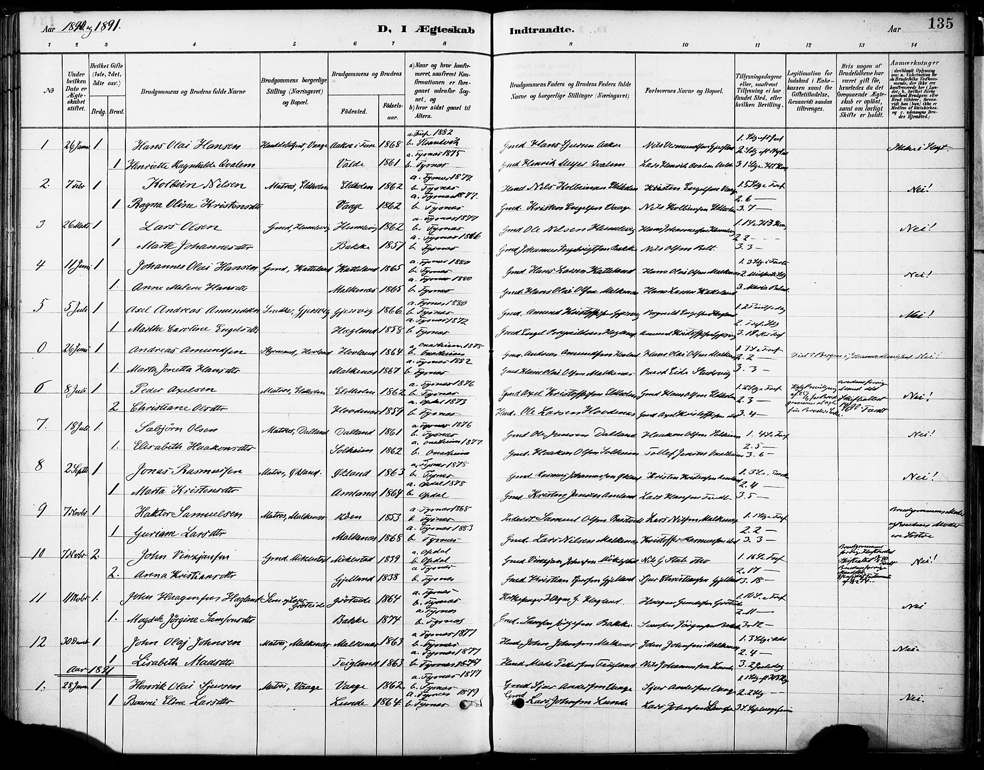 Tysnes sokneprestembete, SAB/A-78601/H/Haa: Parish register (official) no. B 1, 1887-1906, p. 135