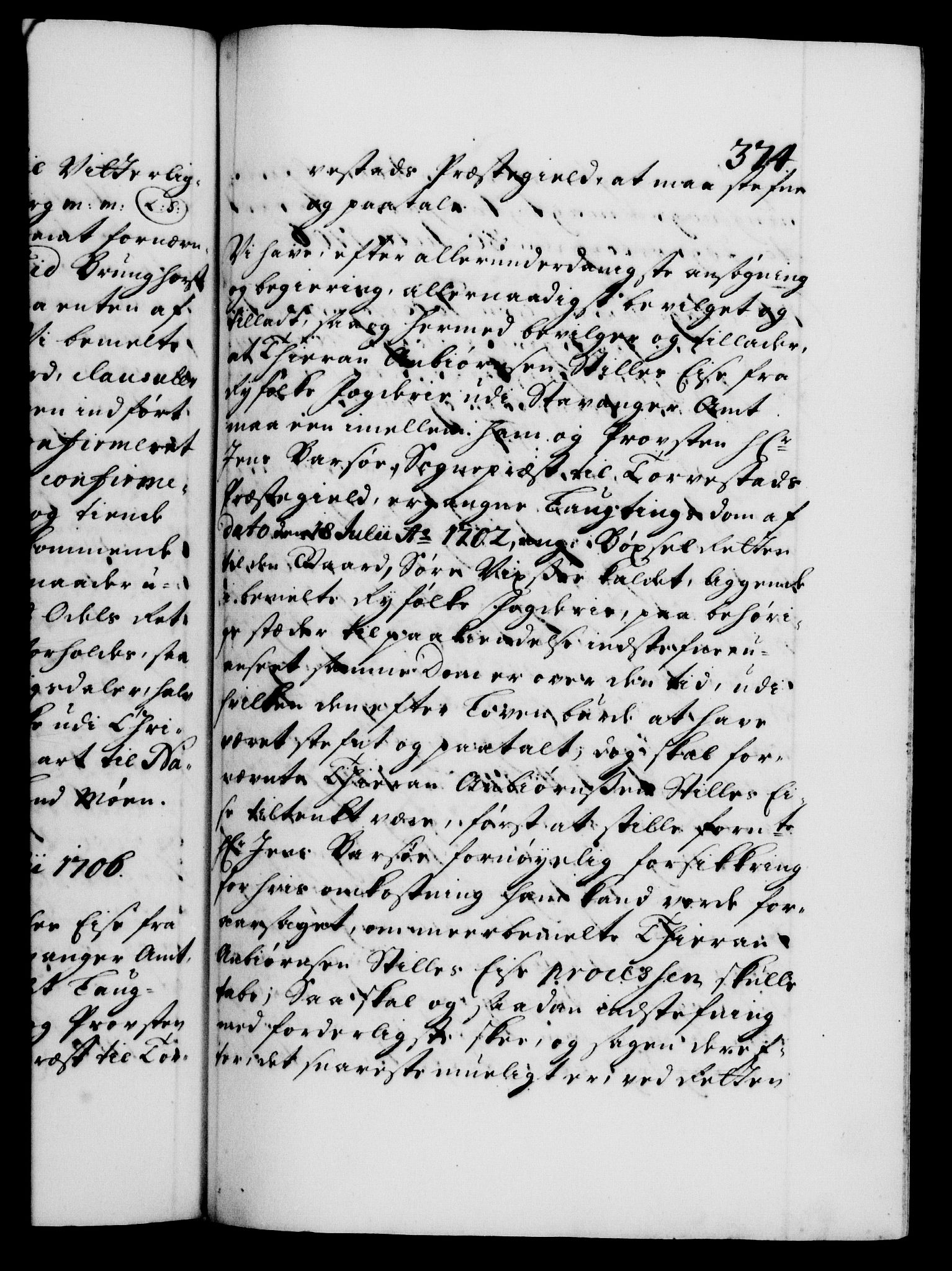 Danske Kanselli 1572-1799, AV/RA-EA-3023/F/Fc/Fca/Fcaa/L0019: Norske registre, 1704-1707, p. 374a