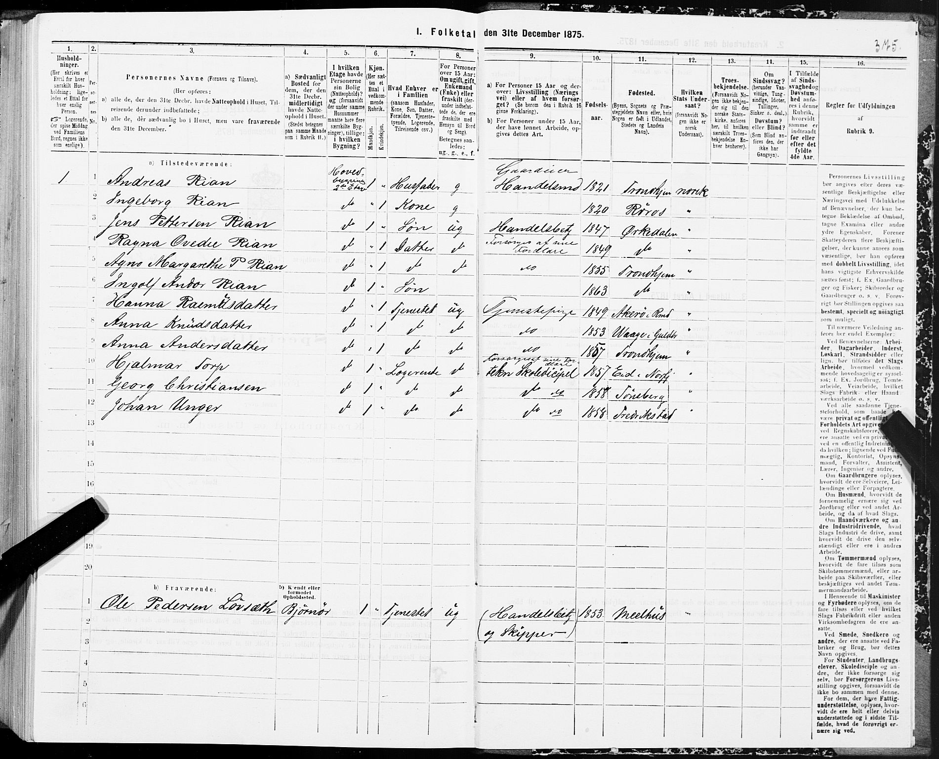 SAT, 1875 census for 1601 Trondheim, 1875, p. 9375