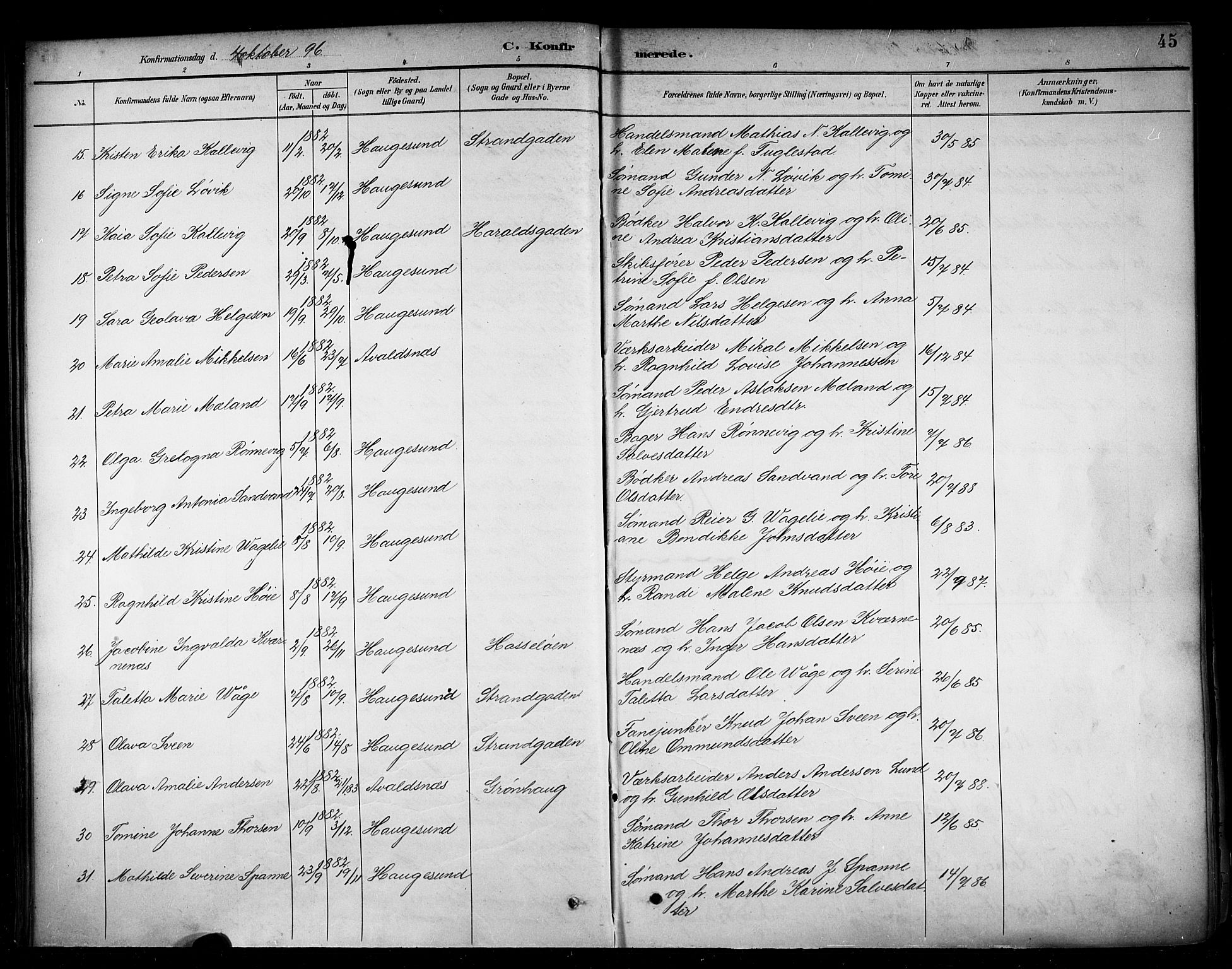 Haugesund sokneprestkontor, AV/SAST-A -101863/H/Ha/Haa/L0005: Parish register (official) no. A 5, 1891-1903, p. 45