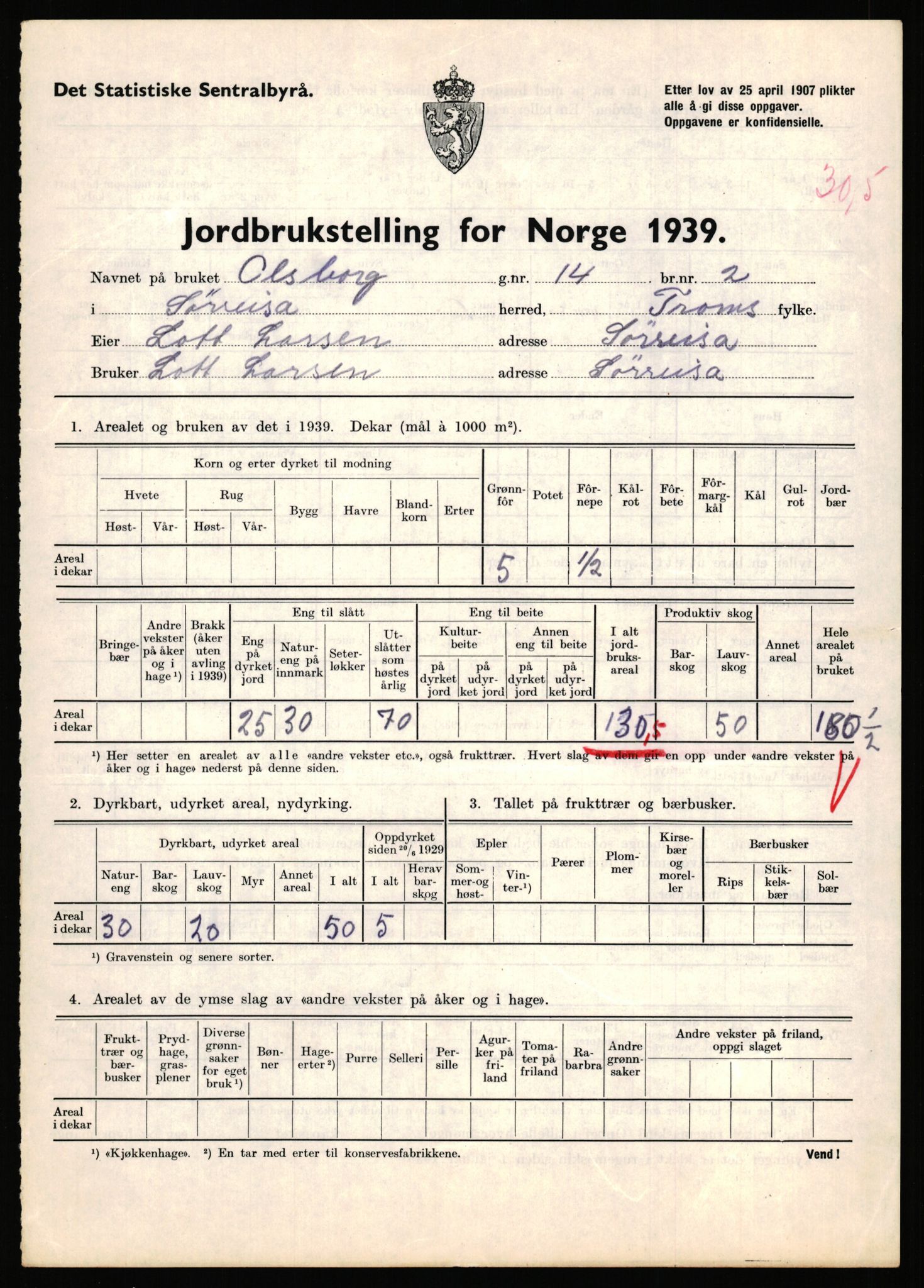 Statistisk sentralbyrå, Næringsøkonomiske emner, Jordbruk, skogbruk, jakt, fiske og fangst, AV/RA-S-2234/G/Gb/L0341: Troms: Sørreisa og Tranøy, 1939, p. 792