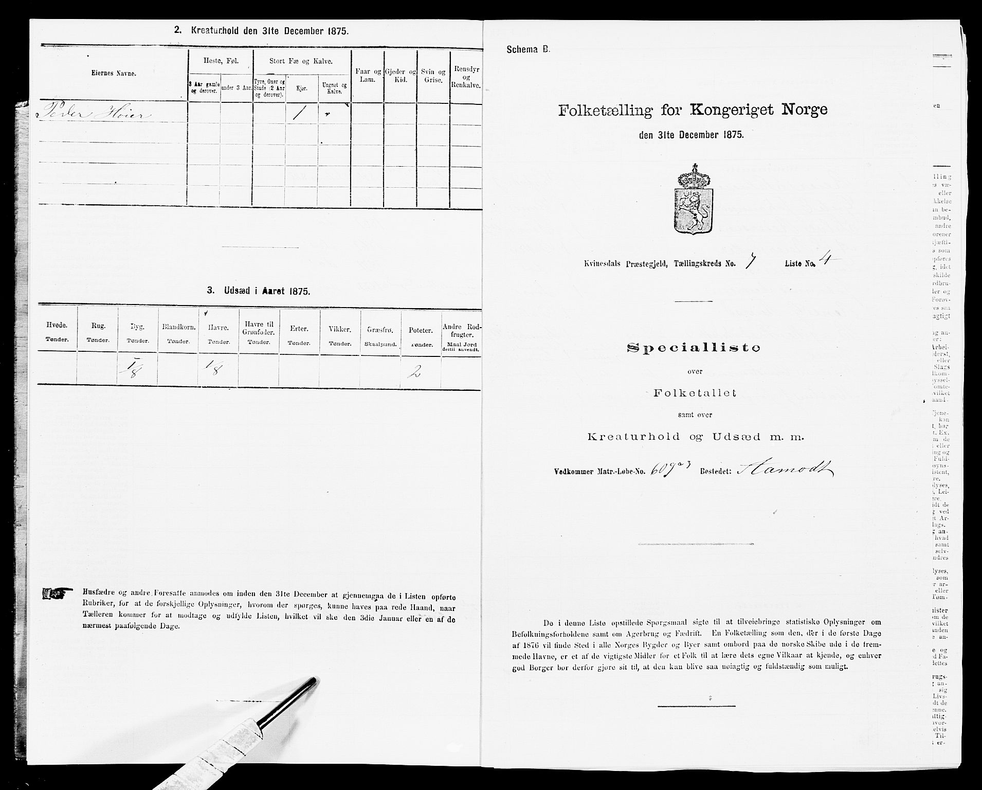 SAK, 1875 census for 1037P Kvinesdal, 1875, p. 1096