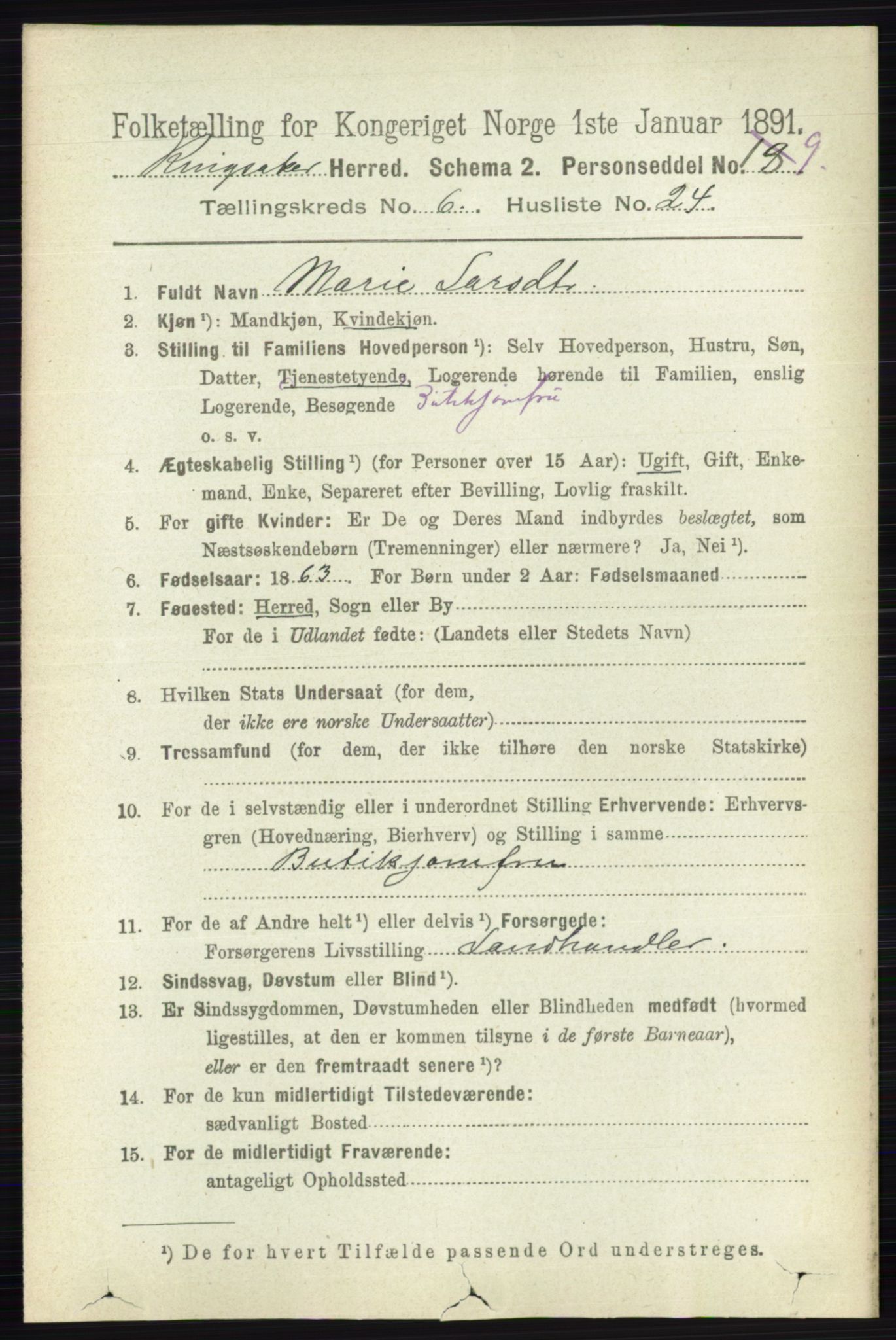 RA, 1891 census for 0412 Ringsaker, 1891, p. 3324