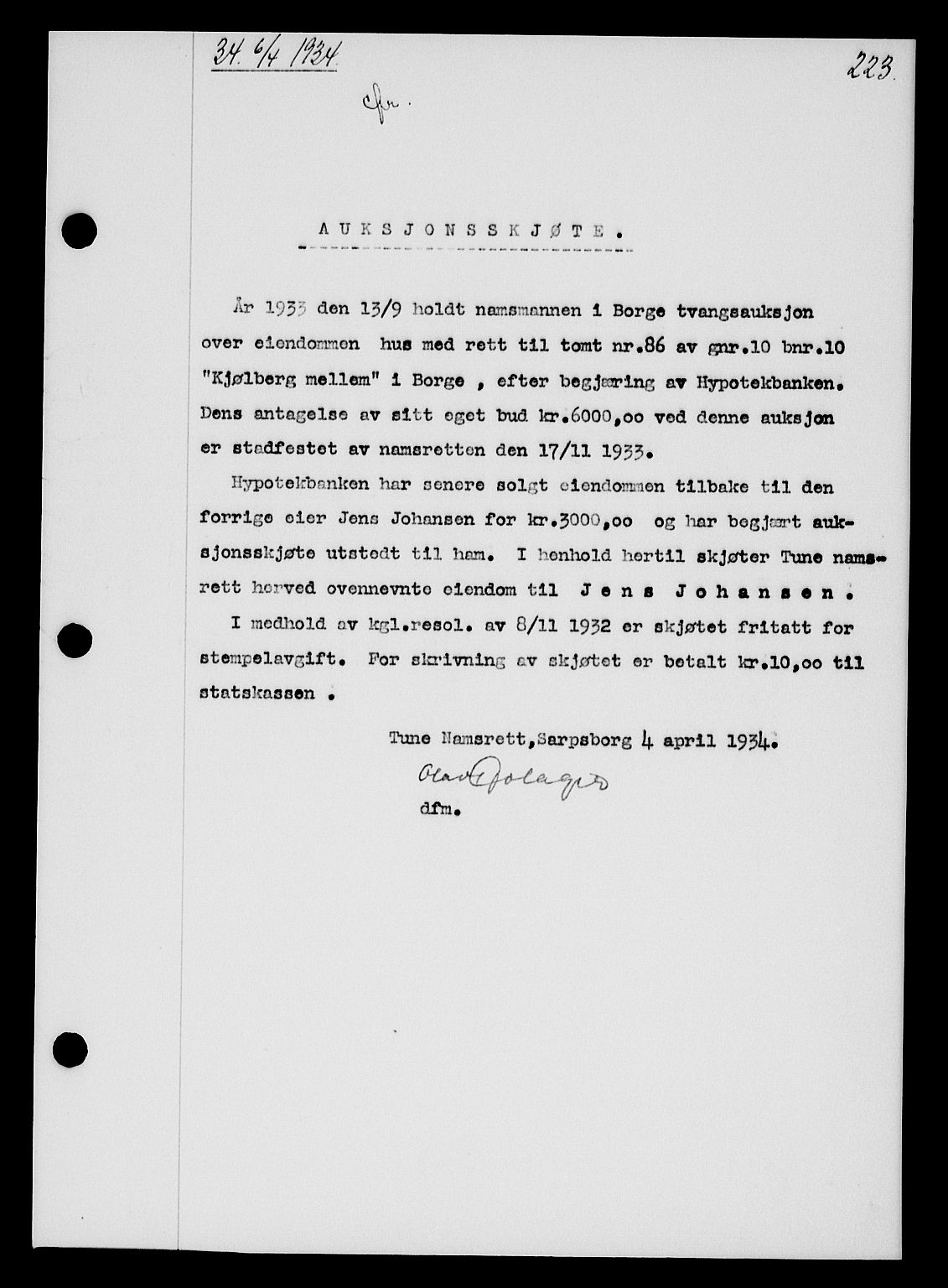 Tune sorenskriveri, AV/SAO-A-10470/G/Gb/Gbb/L0004: Mortgage book no. II 20-24, 1933-1935, Deed date: 06.04.1934