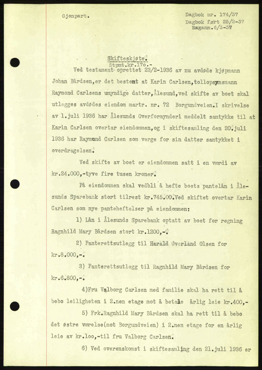 Ålesund byfogd, AV/SAT-A-4384: Mortgage book no. 34 I, 1936-1938, Diary no: : 174/1937