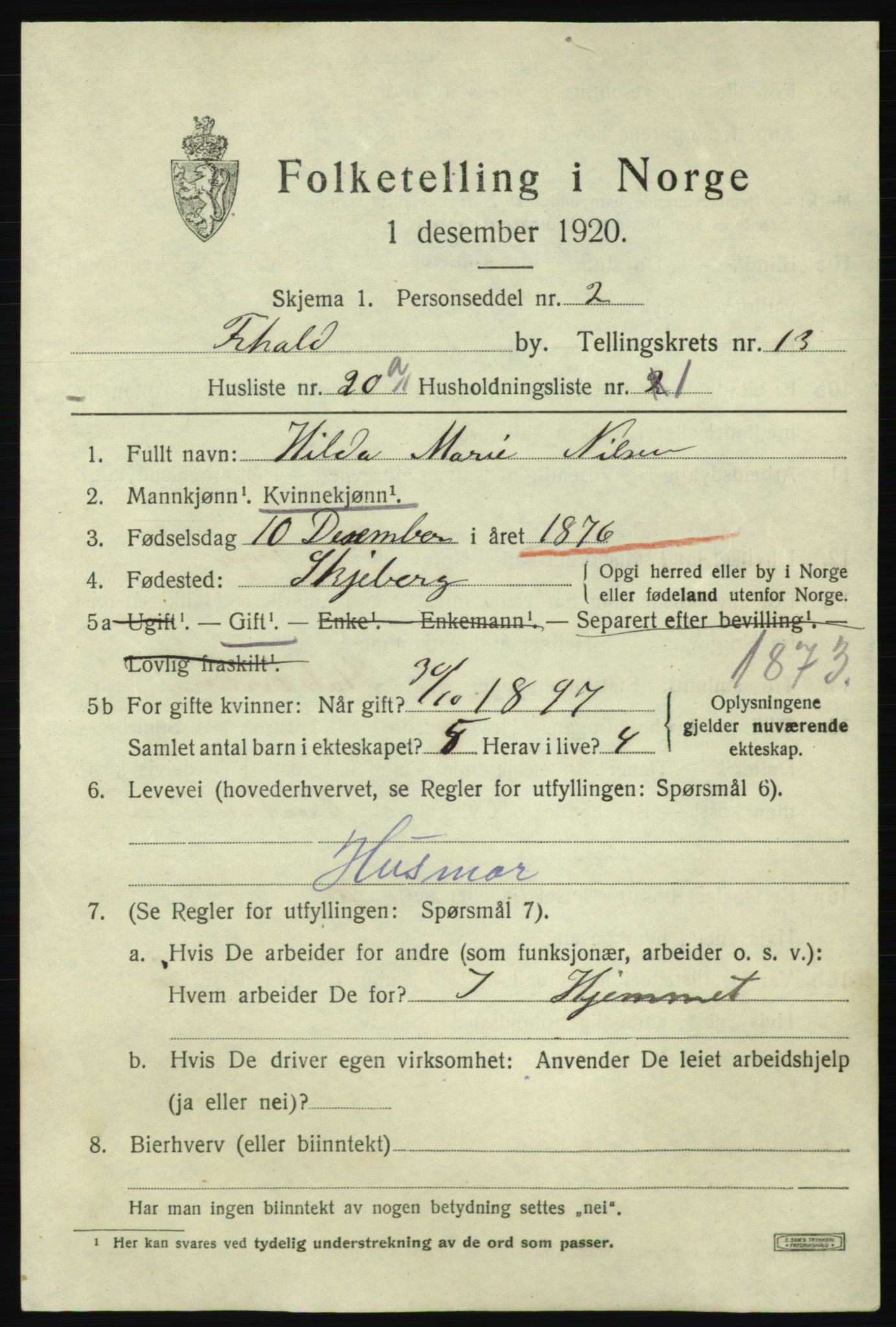 SAO, 1920 census for Fredrikshald, 1920, p. 21016