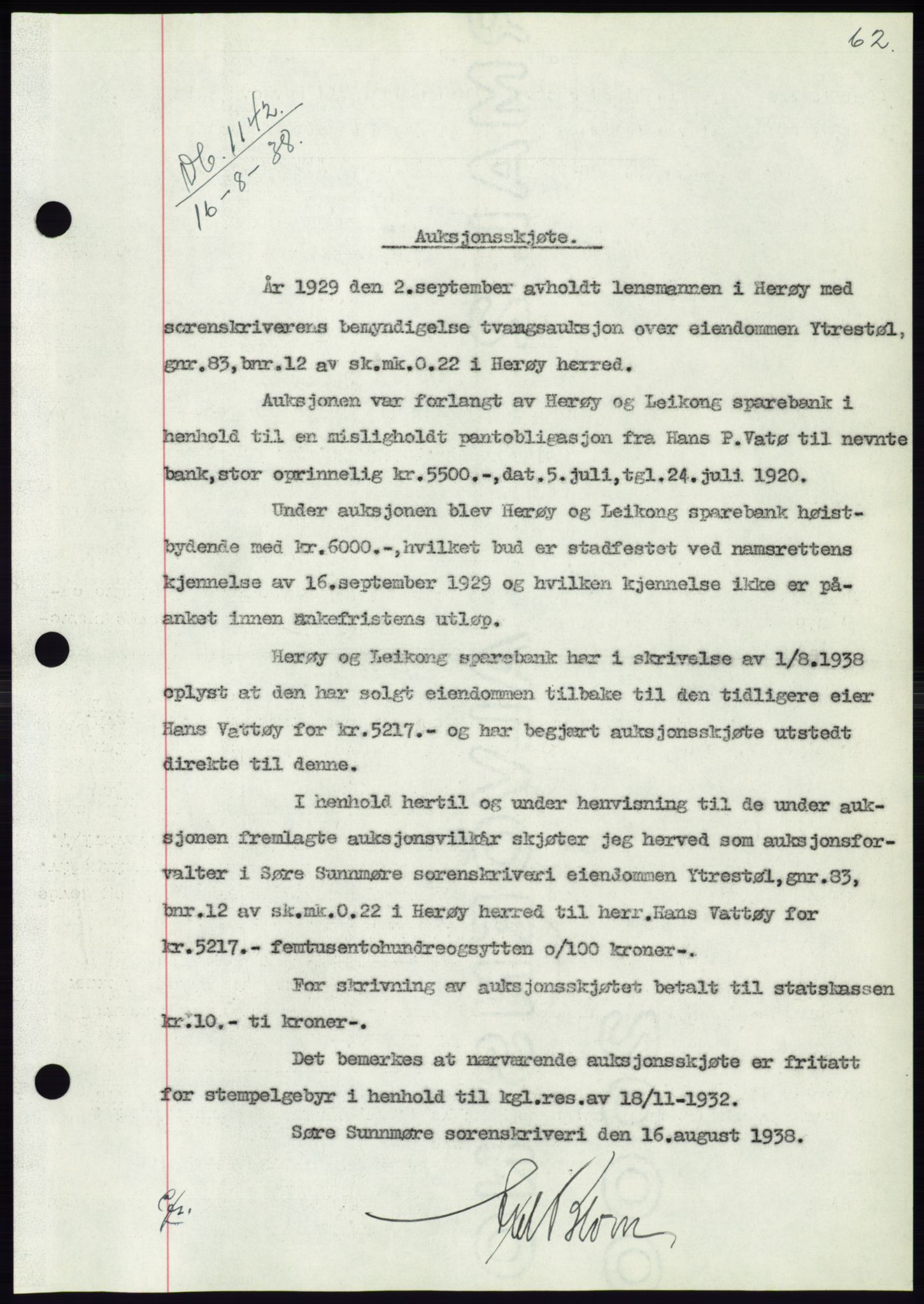 Søre Sunnmøre sorenskriveri, AV/SAT-A-4122/1/2/2C/L0066: Mortgage book no. 60, 1938-1938, Diary no: : 1142/1938