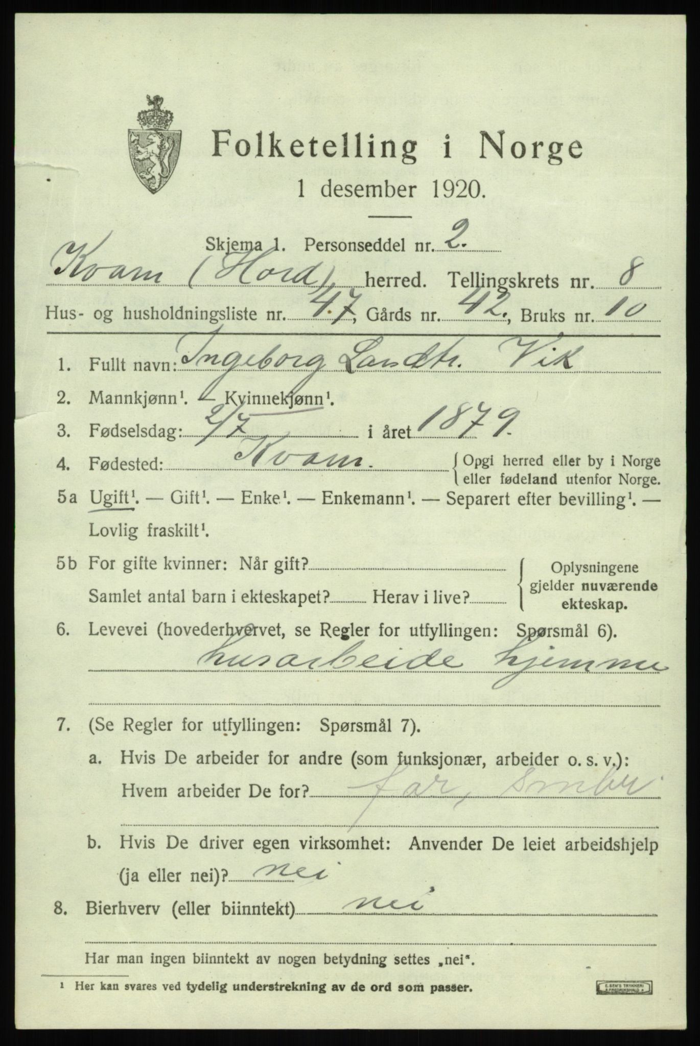 SAB, 1920 census for Kvam, 1920, p. 5641