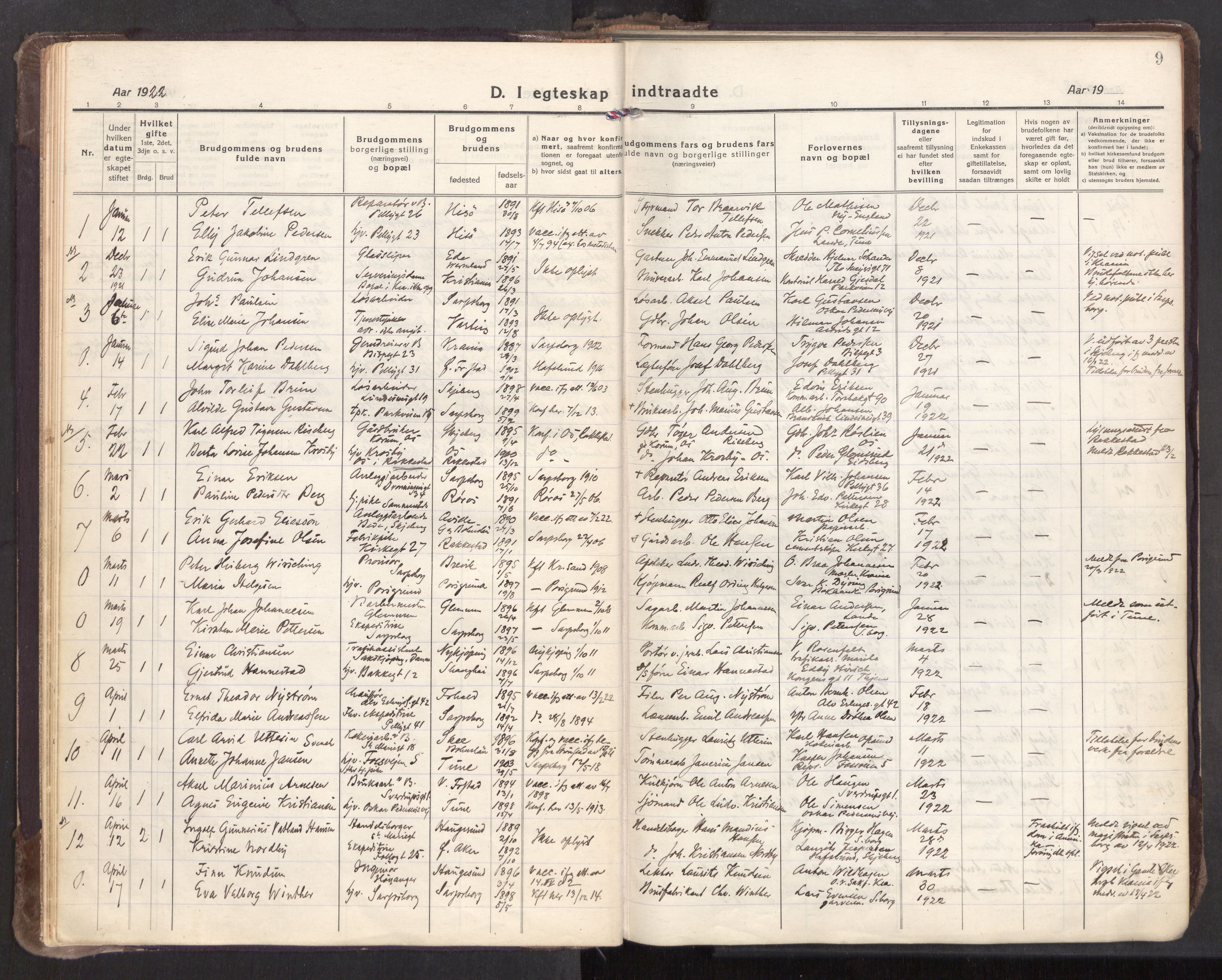 Sarpsborg prestekontor Kirkebøker, AV/SAO-A-2006/F/Fa/L0009: Parish register (official) no. 9, 1919-1931, p. 9