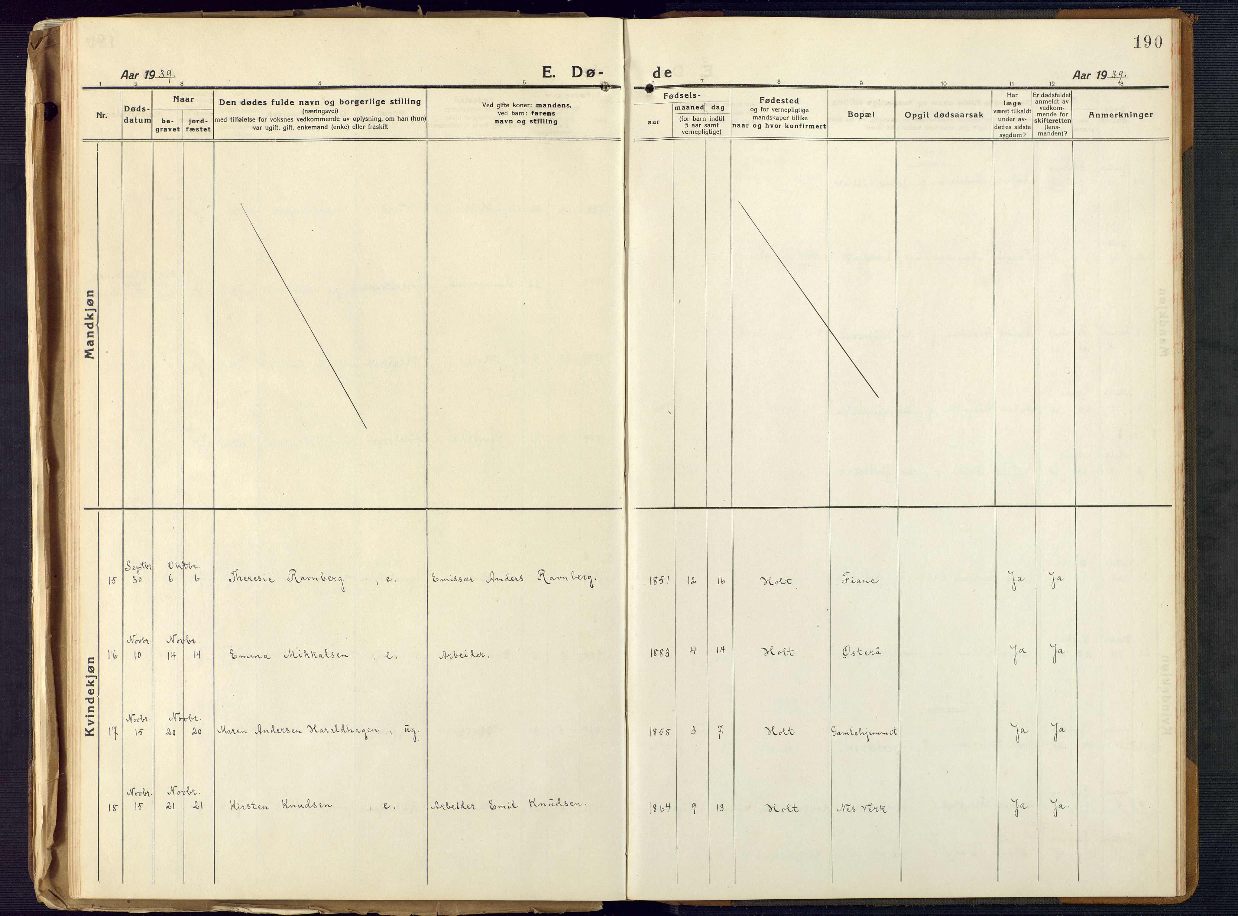 Holt sokneprestkontor, SAK/1111-0021/F/Fb/L0012: Parish register (copy) no. B 12, 1919-1944, p. 190