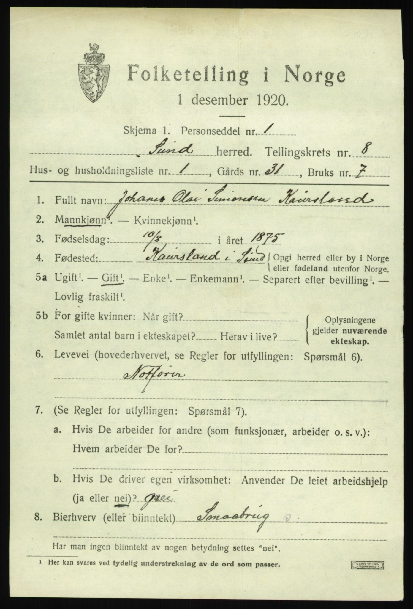 SAB, 1920 census for Sund, 1920, p. 4967