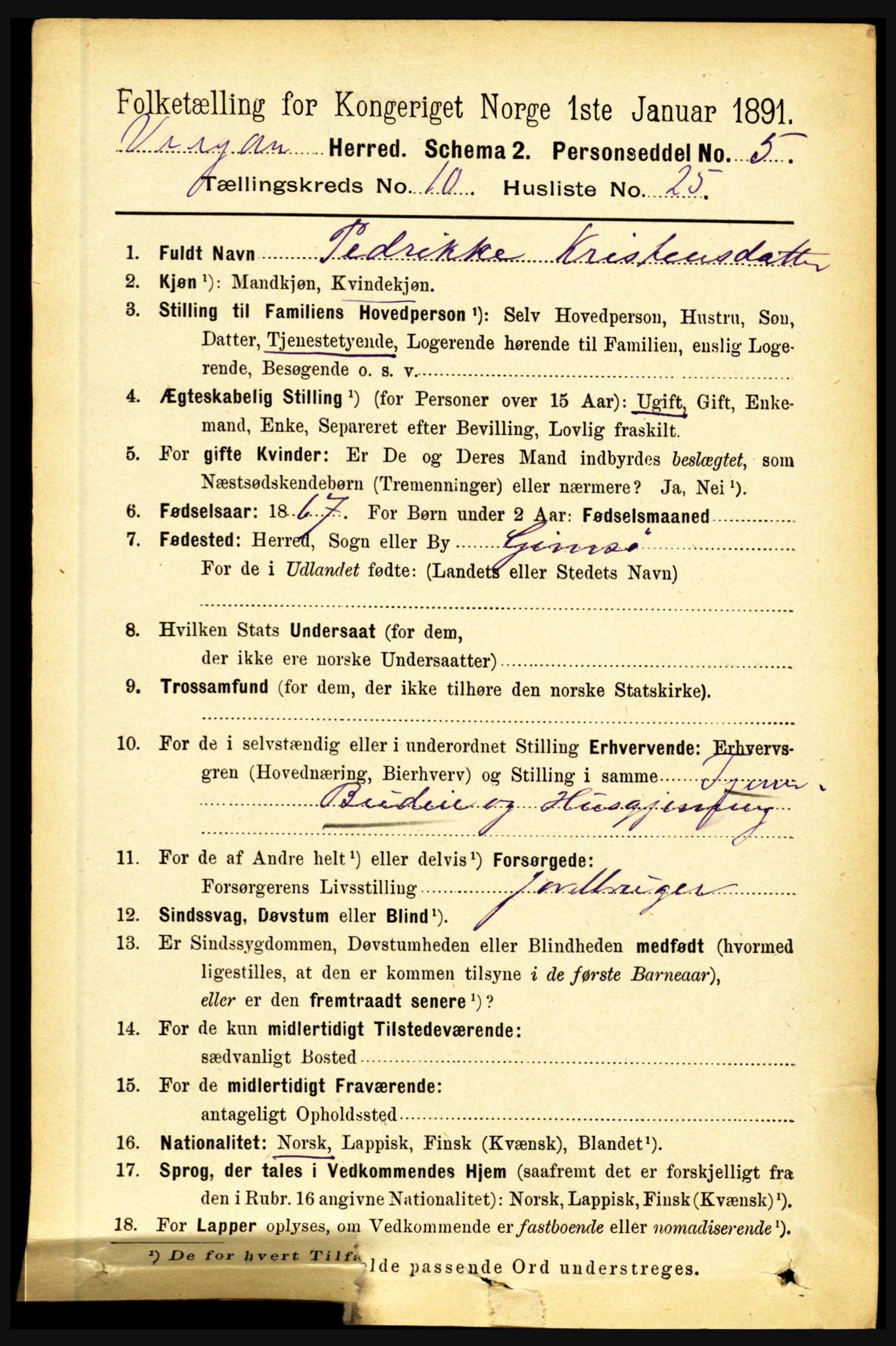 RA, 1891 census for 1865 Vågan, 1891, p. 2707