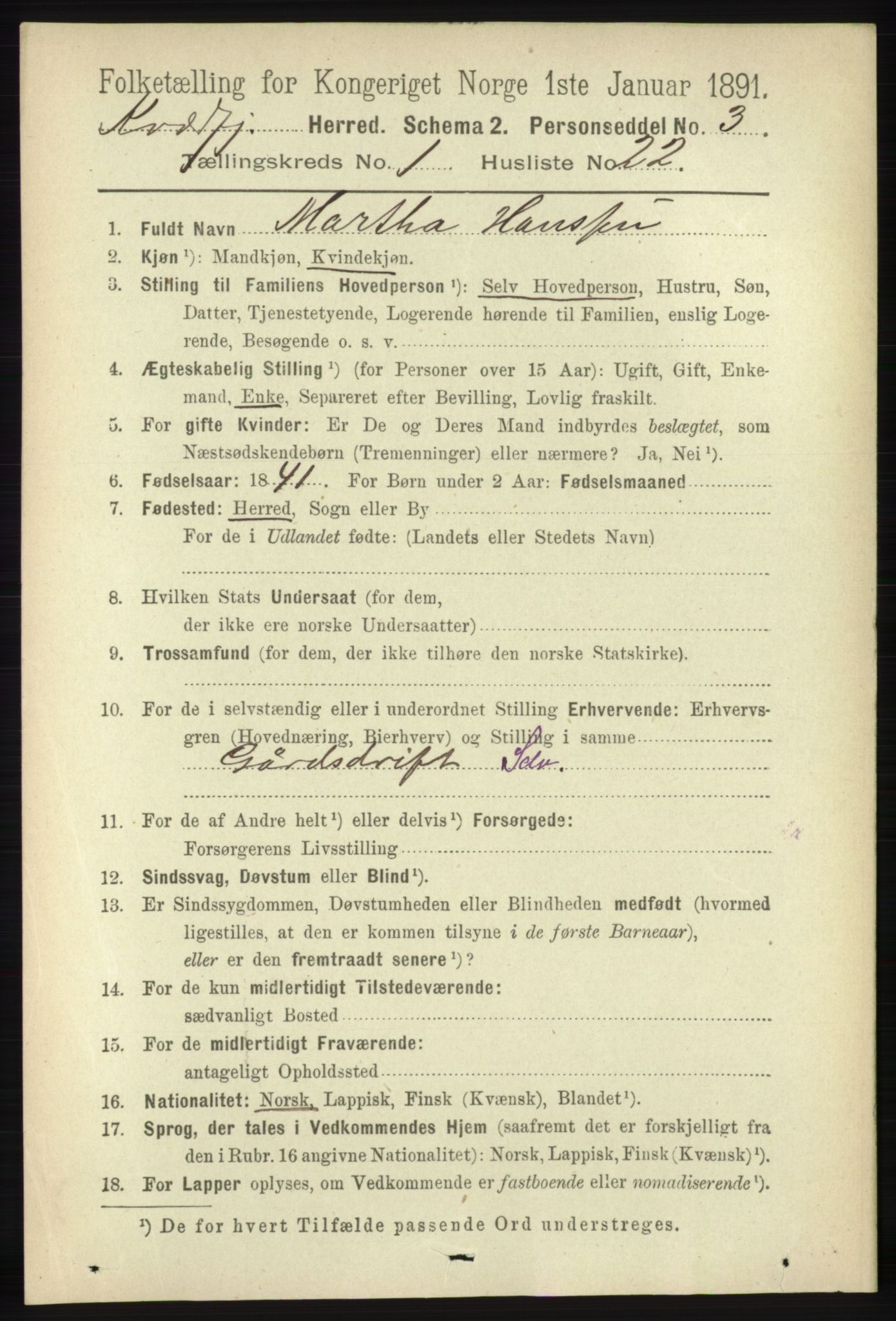 RA, 1891 census for 1911 Kvæfjord, 1891, p. 242