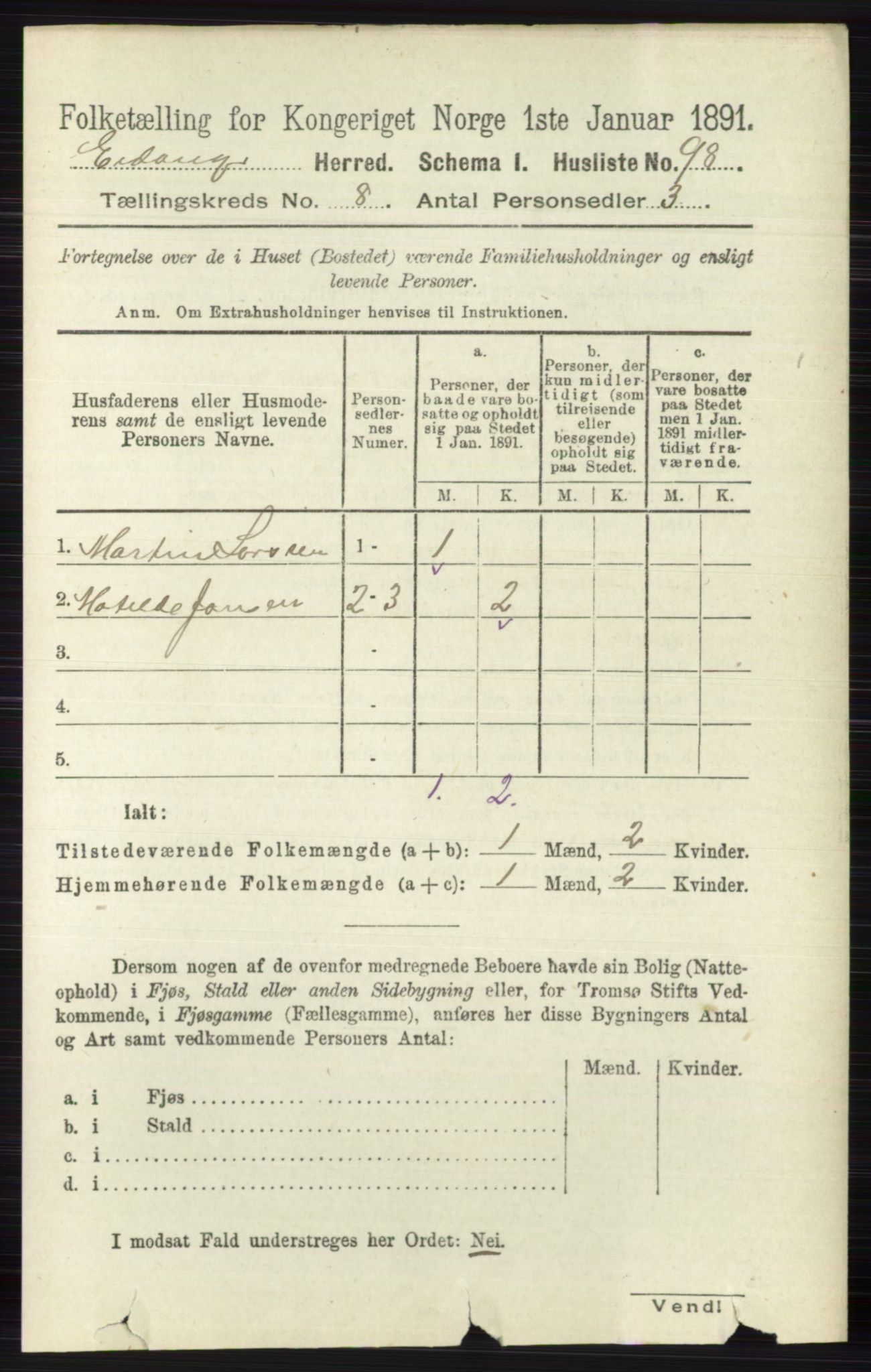 RA, 1891 census for 0813 Eidanger, 1891, p. 2983