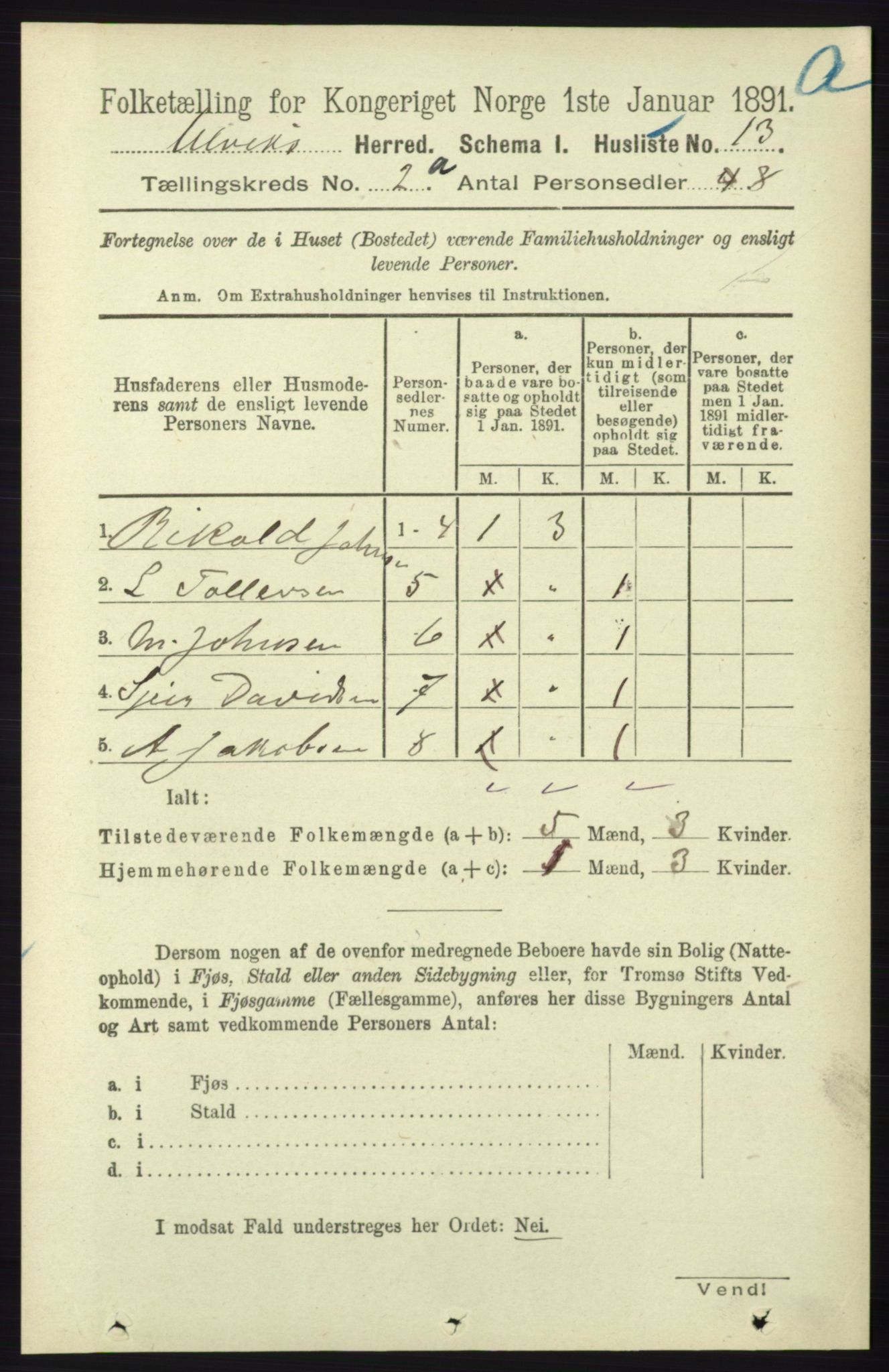 RA, 1891 census for 1233 Ulvik, 1891, p. 226