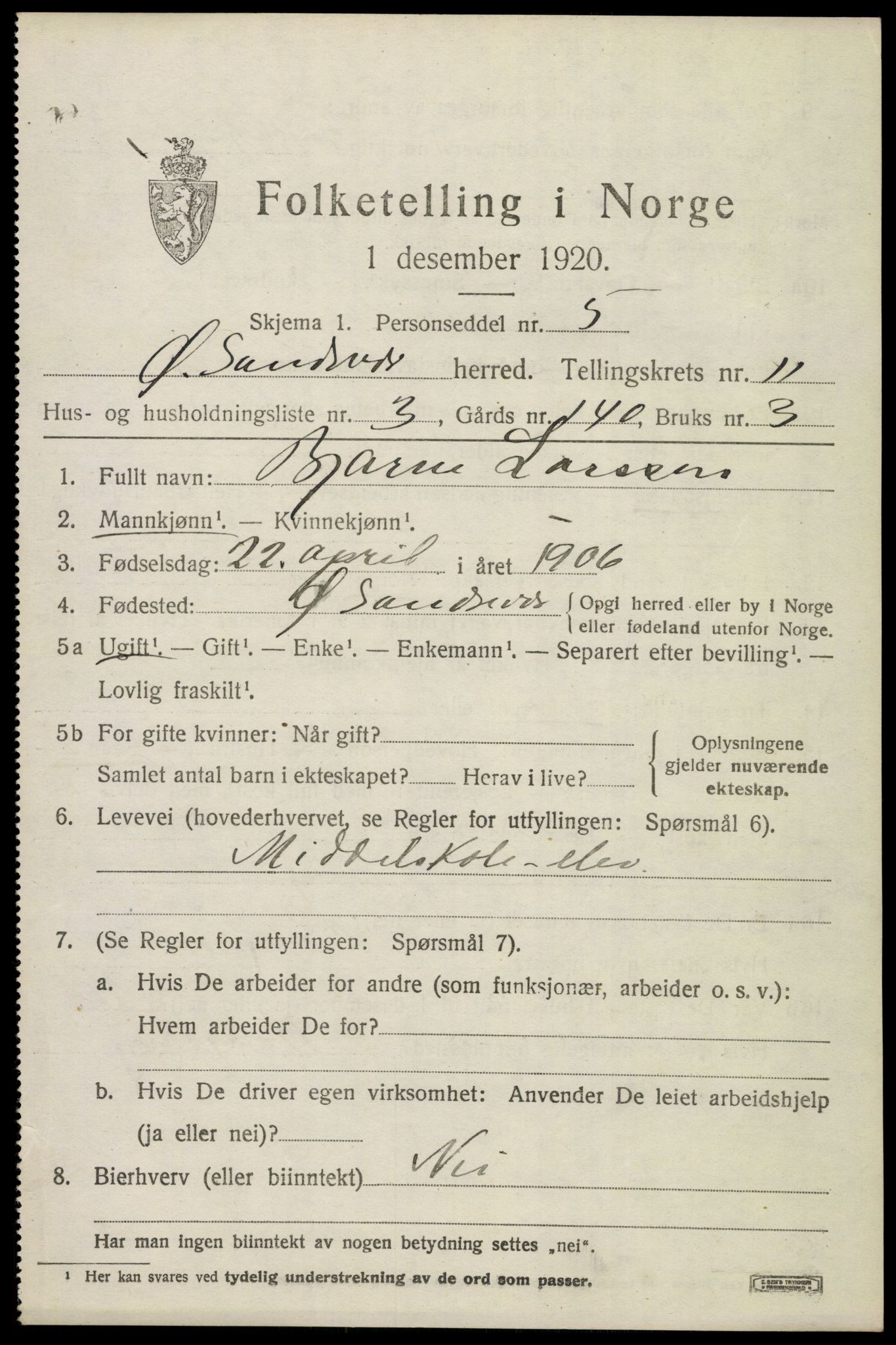 SAKO, 1920 census for Øvre Sandsvær, 1920, p. 5756