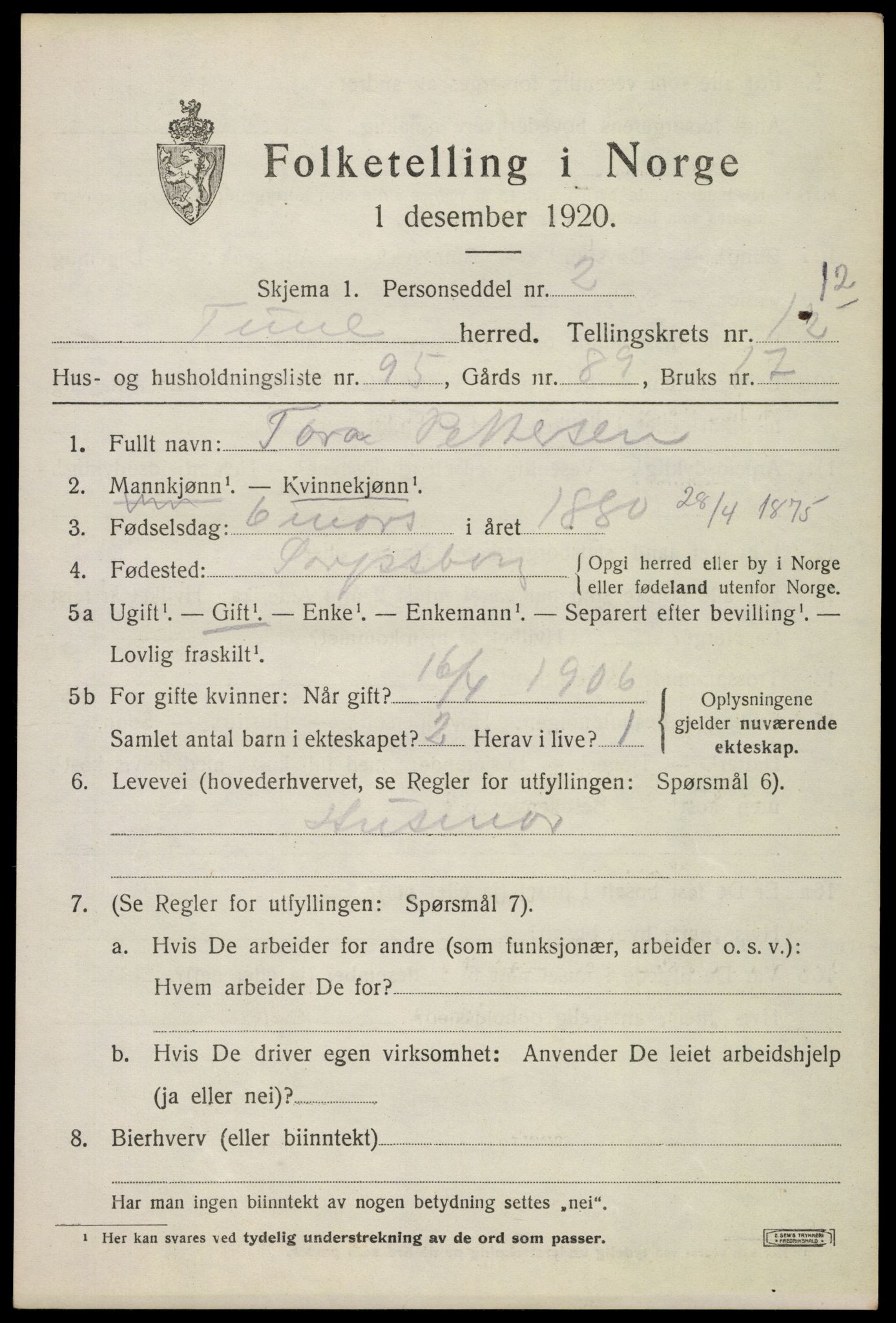 SAO, 1920 census for Tune, 1920, p. 18274