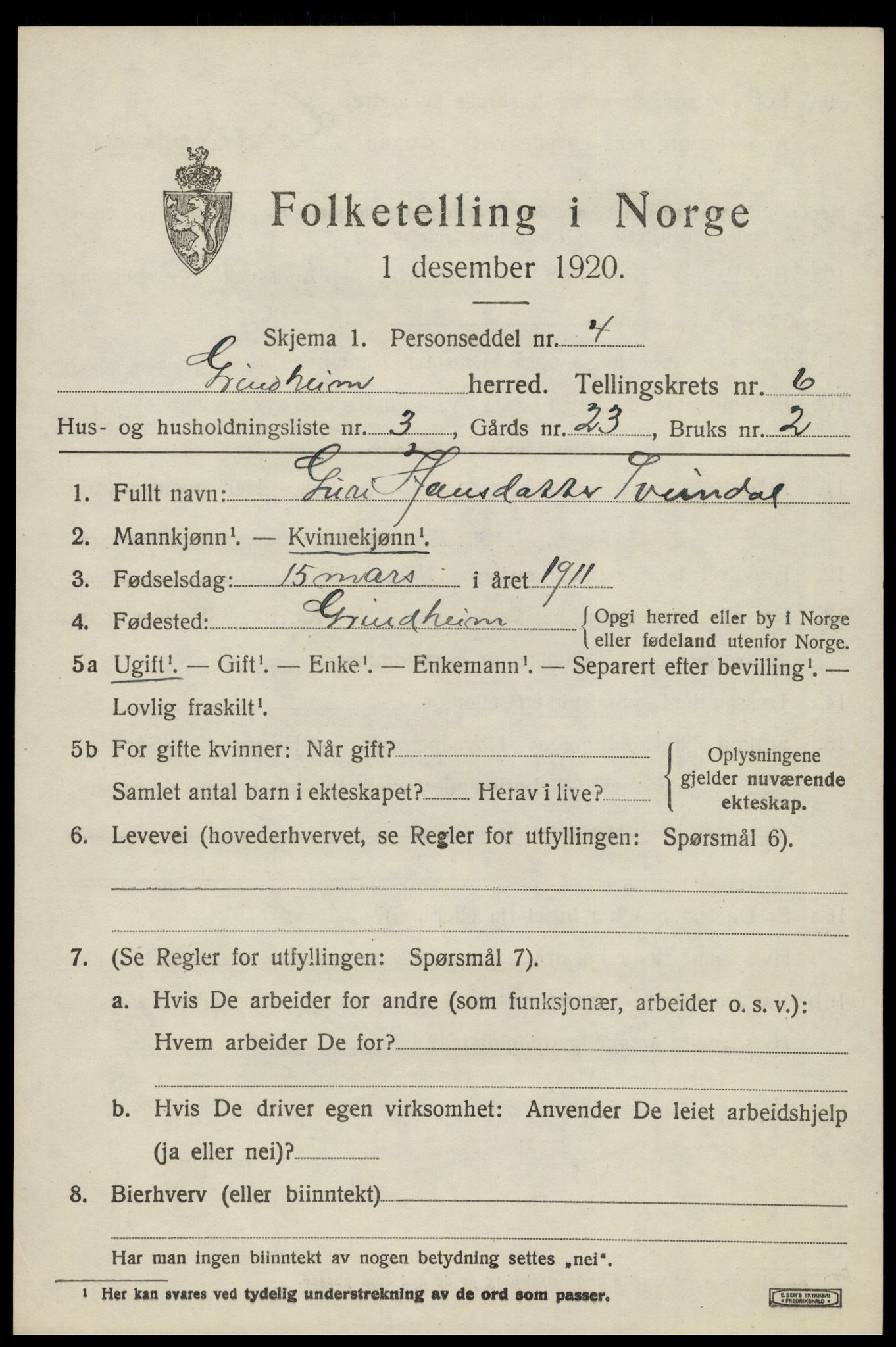 SAK, 1920 census for Grindheim, 1920, p. 1885