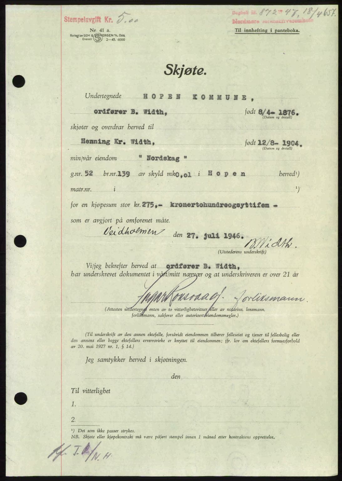 Nordmøre sorenskriveri, AV/SAT-A-4132/1/2/2Ca: Mortgage book no. A104, 1947-1947, Diary no: : 872/1947