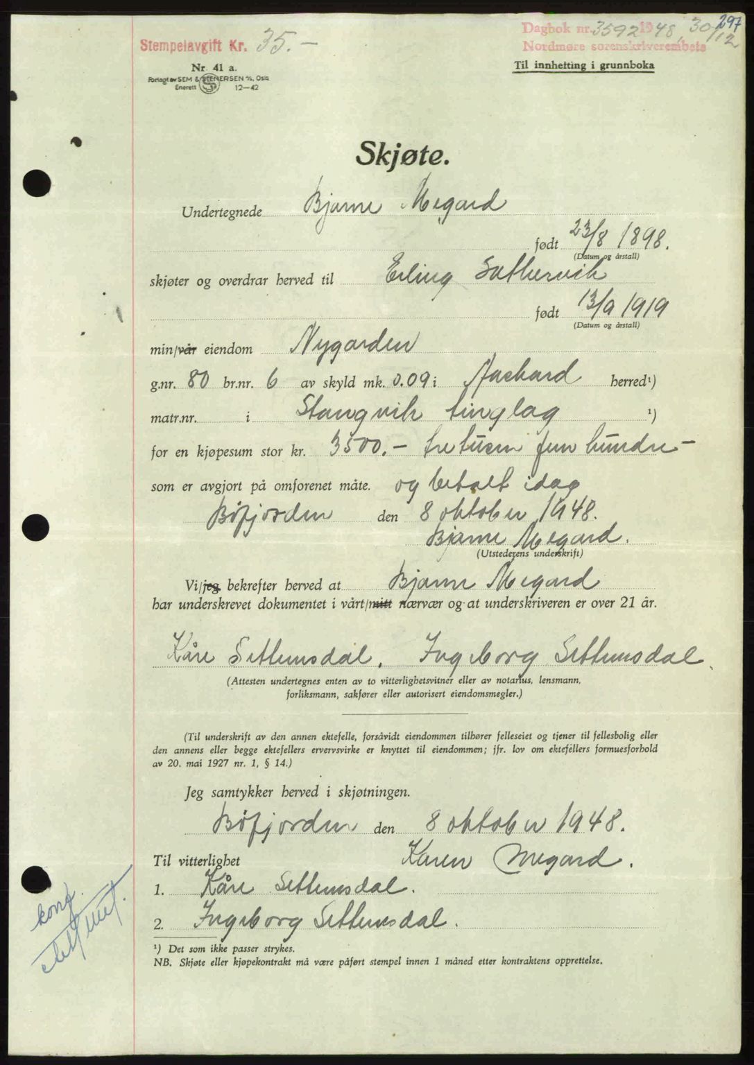 Nordmøre sorenskriveri, AV/SAT-A-4132/1/2/2Ca: Mortgage book no. A110, 1948-1949, Diary no: : 3592/1948