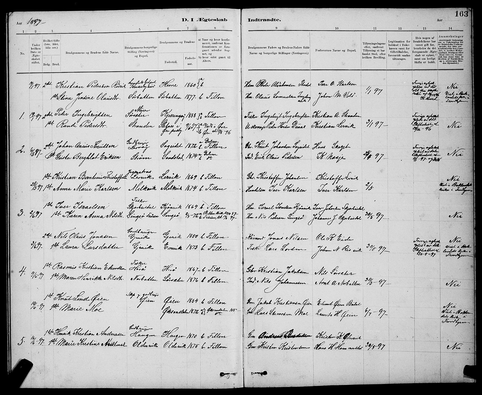 Ministerialprotokoller, klokkerbøker og fødselsregistre - Sør-Trøndelag, SAT/A-1456/637/L0562: Parish register (copy) no. 637C03, 1883-1898, p. 163
