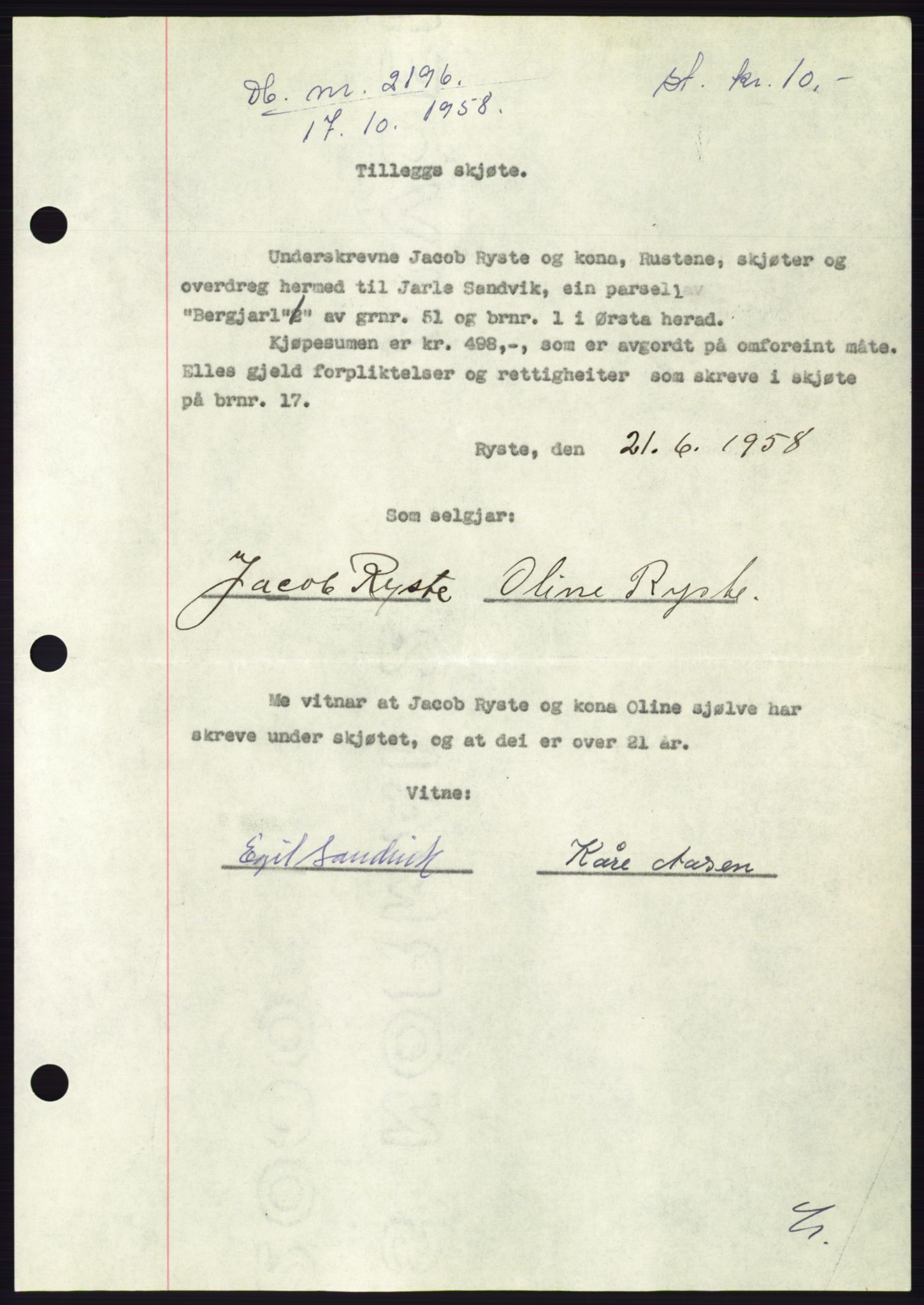 Søre Sunnmøre sorenskriveri, AV/SAT-A-4122/1/2/2C/L0110: Mortgage book no. 36A, 1958-1958, Diary no: : 2196/1958