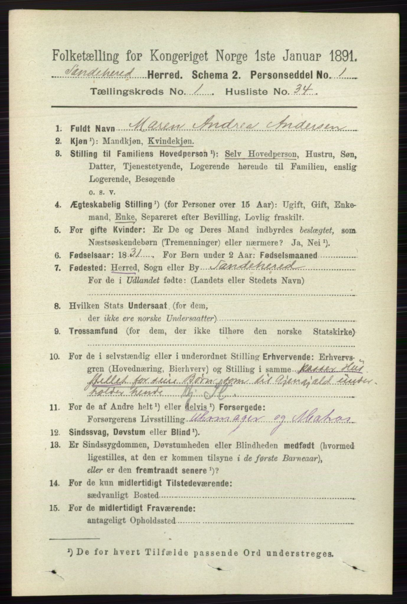 RA, 1891 census for 0724 Sandeherred, 1891, p. 408
