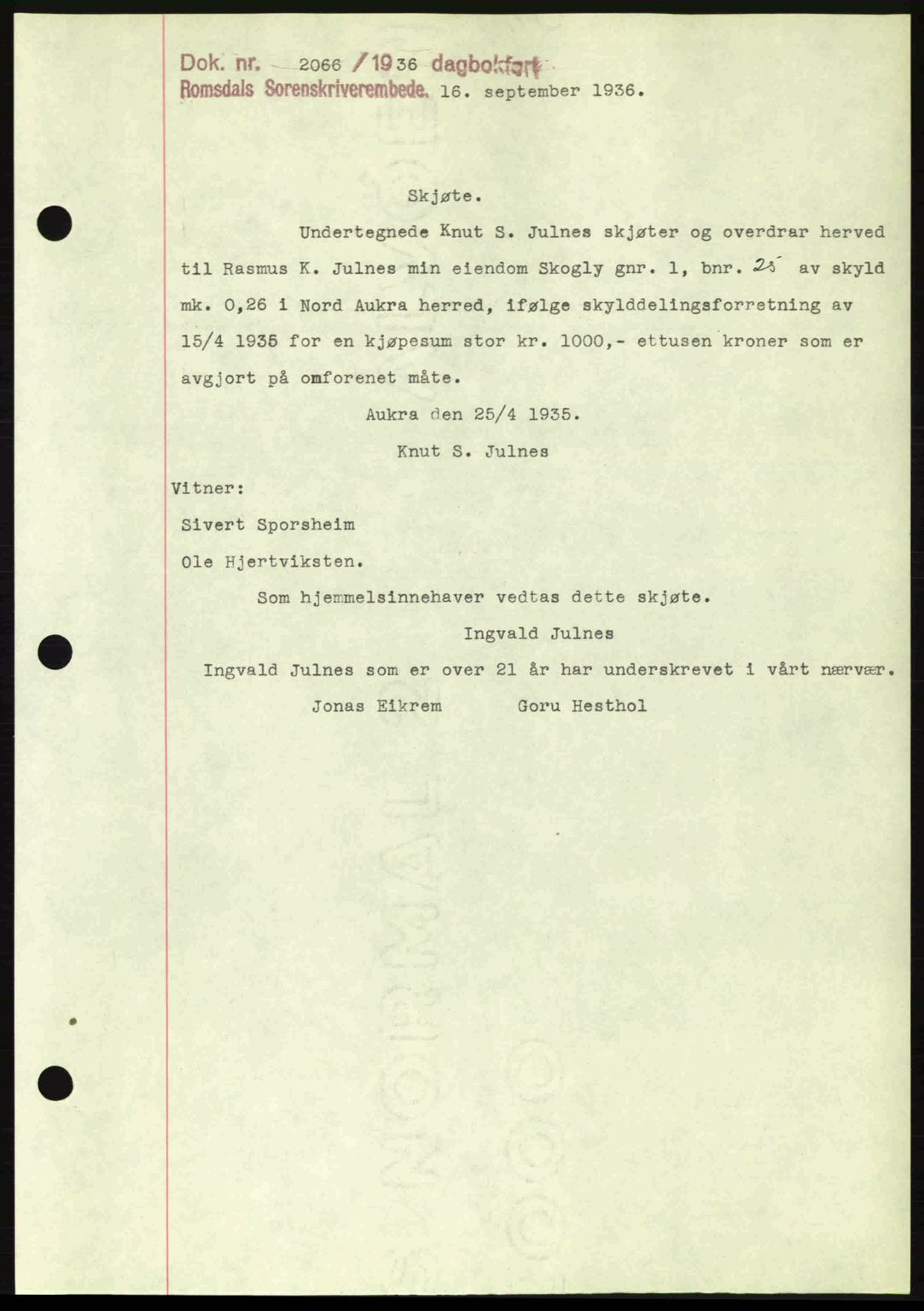 Romsdal sorenskriveri, SAT/A-4149/1/2/2C: Mortgage book no. A2, 1936-1937, Diary no: : 2066/1936