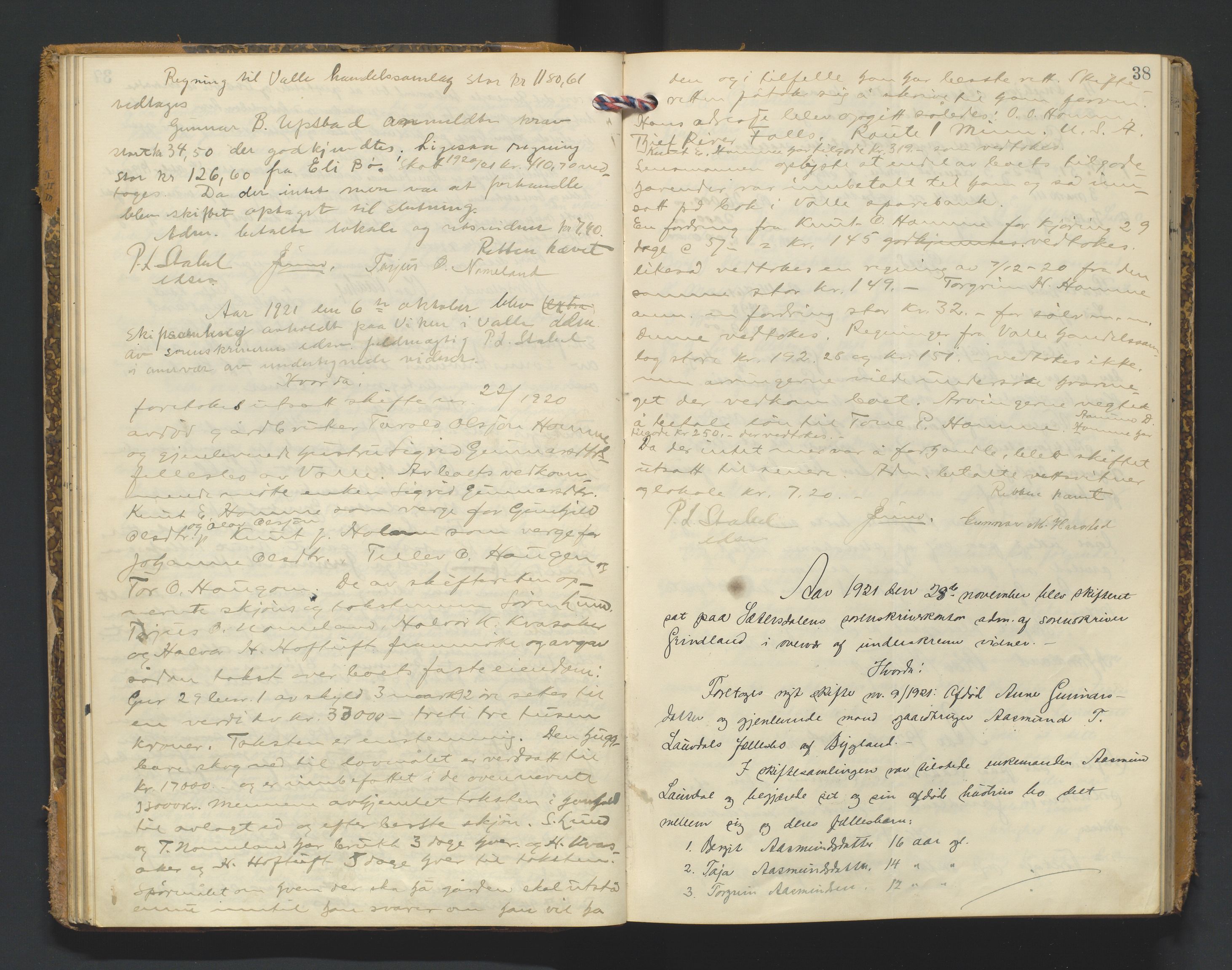 Setesdal sorenskriveri, AV/SAK-1221-0011/H/Hc/L0040: Skifteforhandlingsprotokoll nr 12, 1920-1927, p. 38