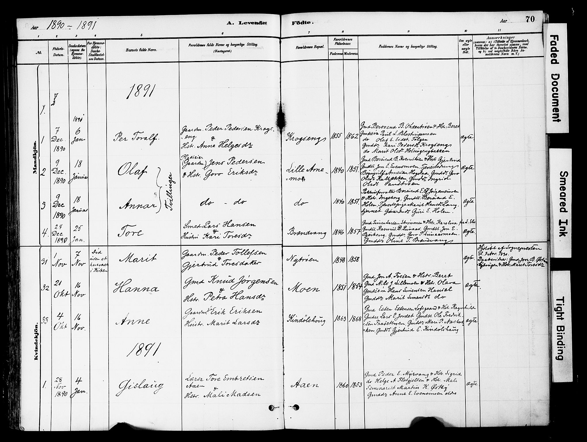 Tynset prestekontor, SAH/PREST-058/H/Ha/Haa/L0022: Parish register (official) no. 22, 1880-1899, p. 70