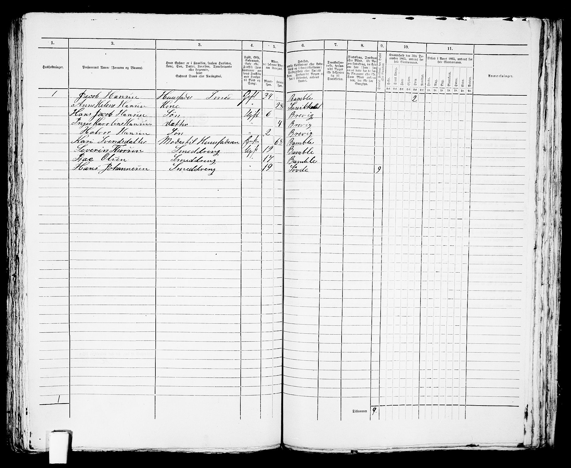 RA, 1865 census for Brevik, 1865, p. 654