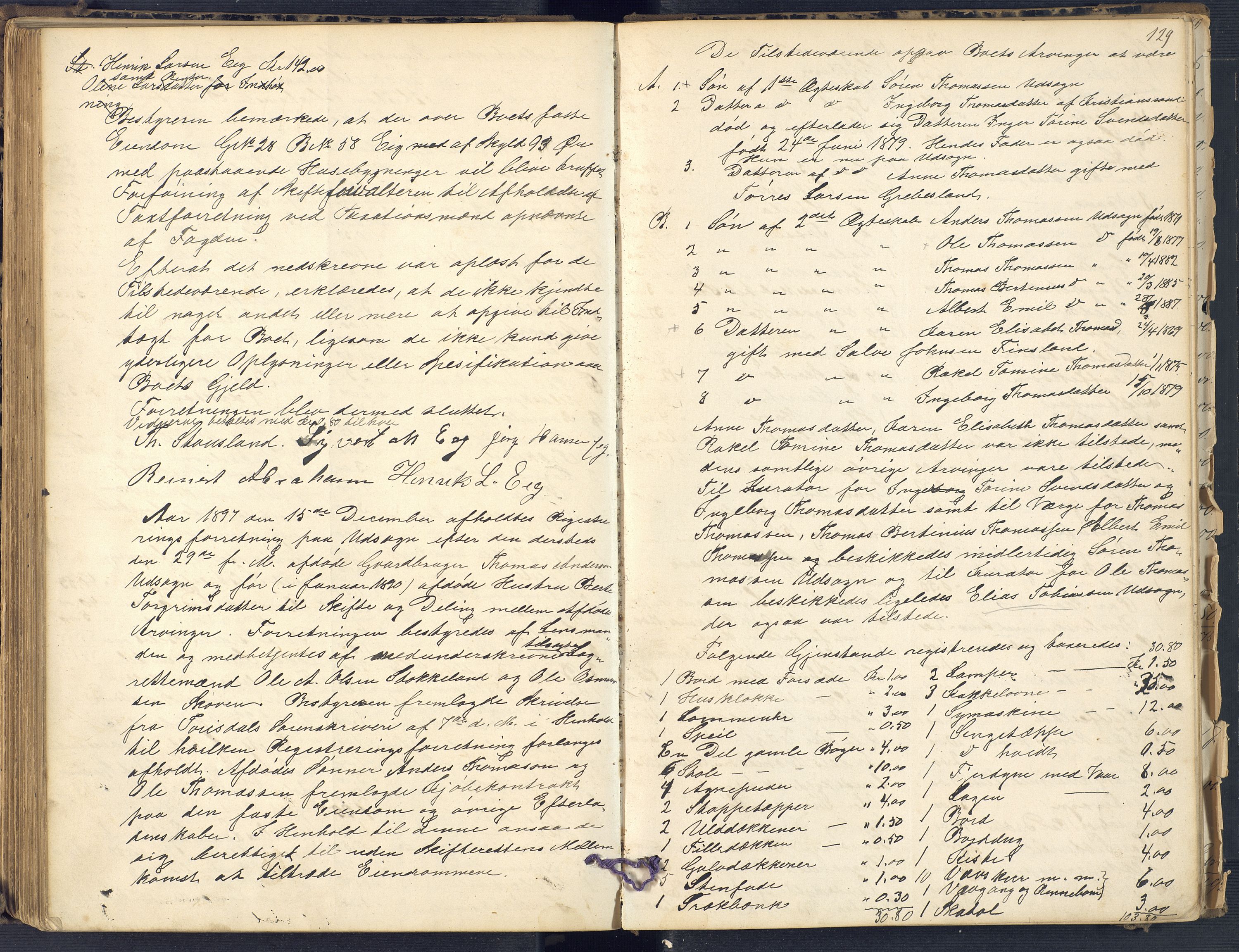 Torridal sorenskriveri, SAK/1221-0012/H/Hc/L0011: Skifteregistreringsprotokoll Søgne og Greipstad lensmannsdistrikt nr. 1, 1883-1903, p. 129